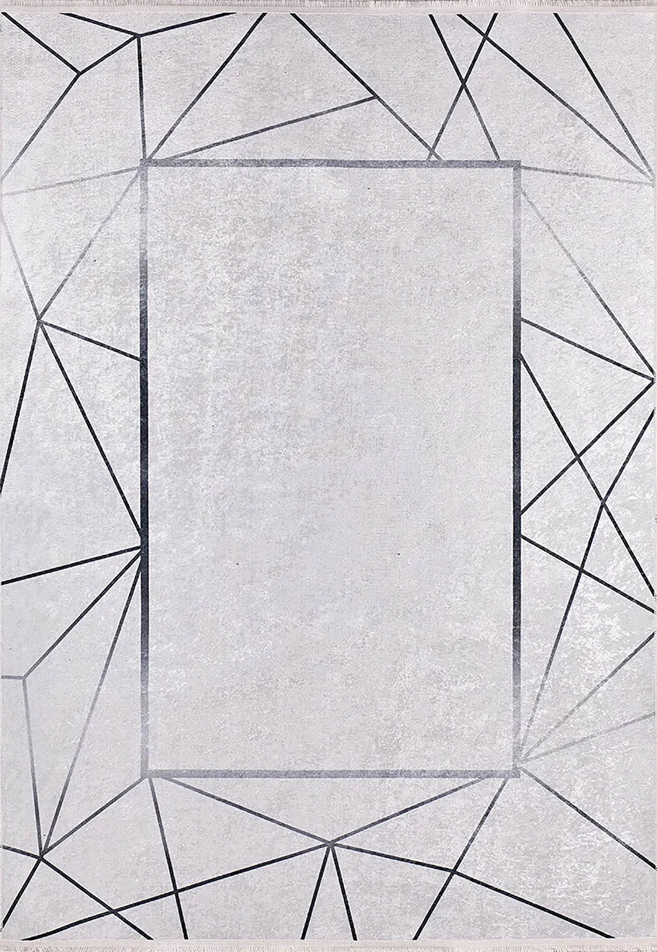 Minimalist Geometrik Ağ Desenli Açık Gri ve Siyah Çizgili Halı