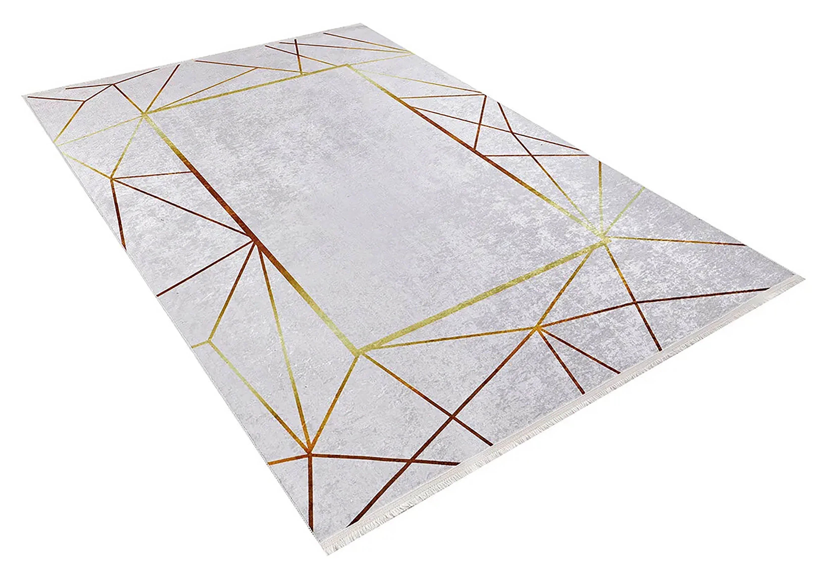 Minimalist Geometrik Çizgili Açık Gri ve Altın Detaylı Halı