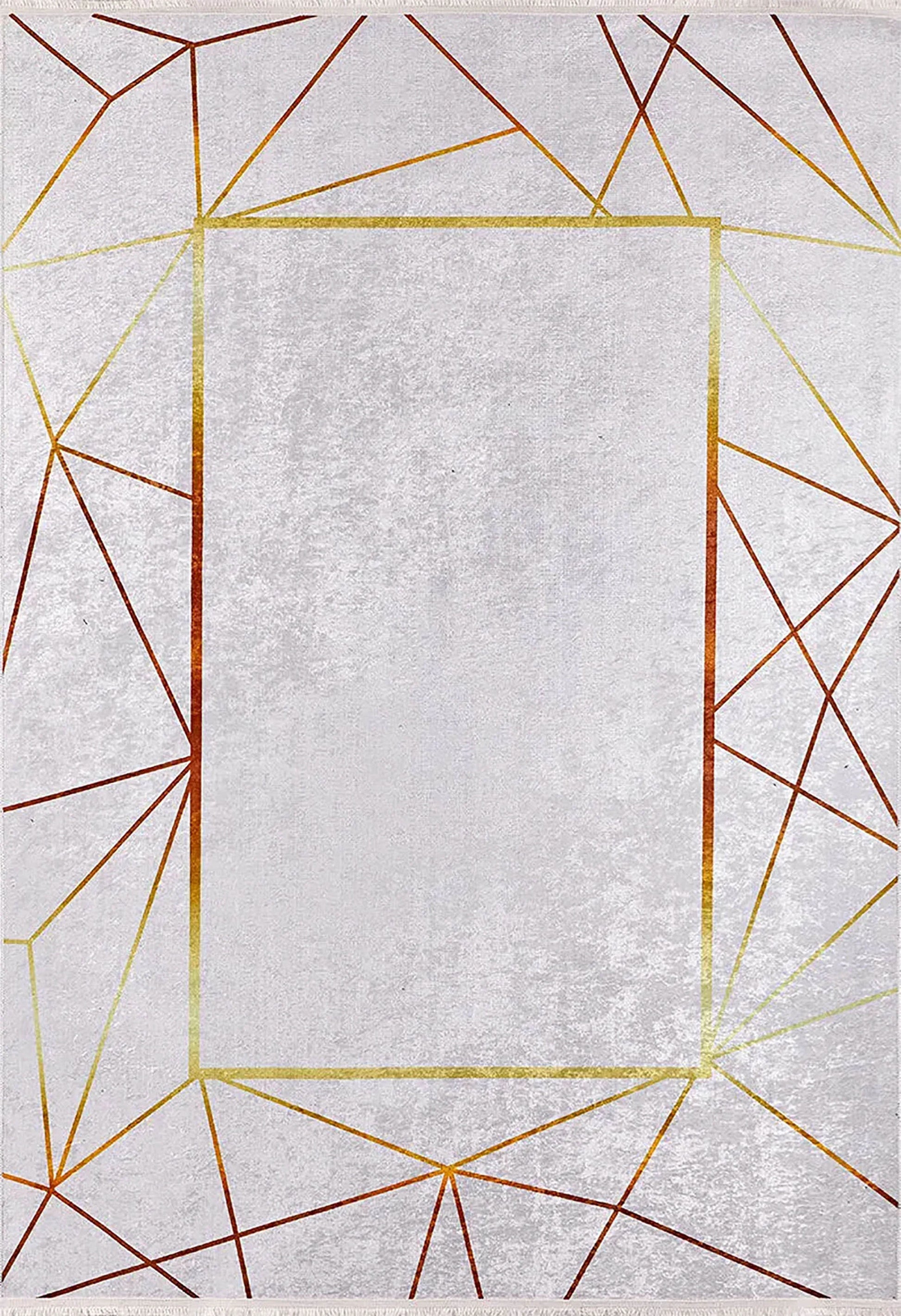 Minimalist Geometrik Çizgili Açık Gri ve Altın Detaylı Halı
