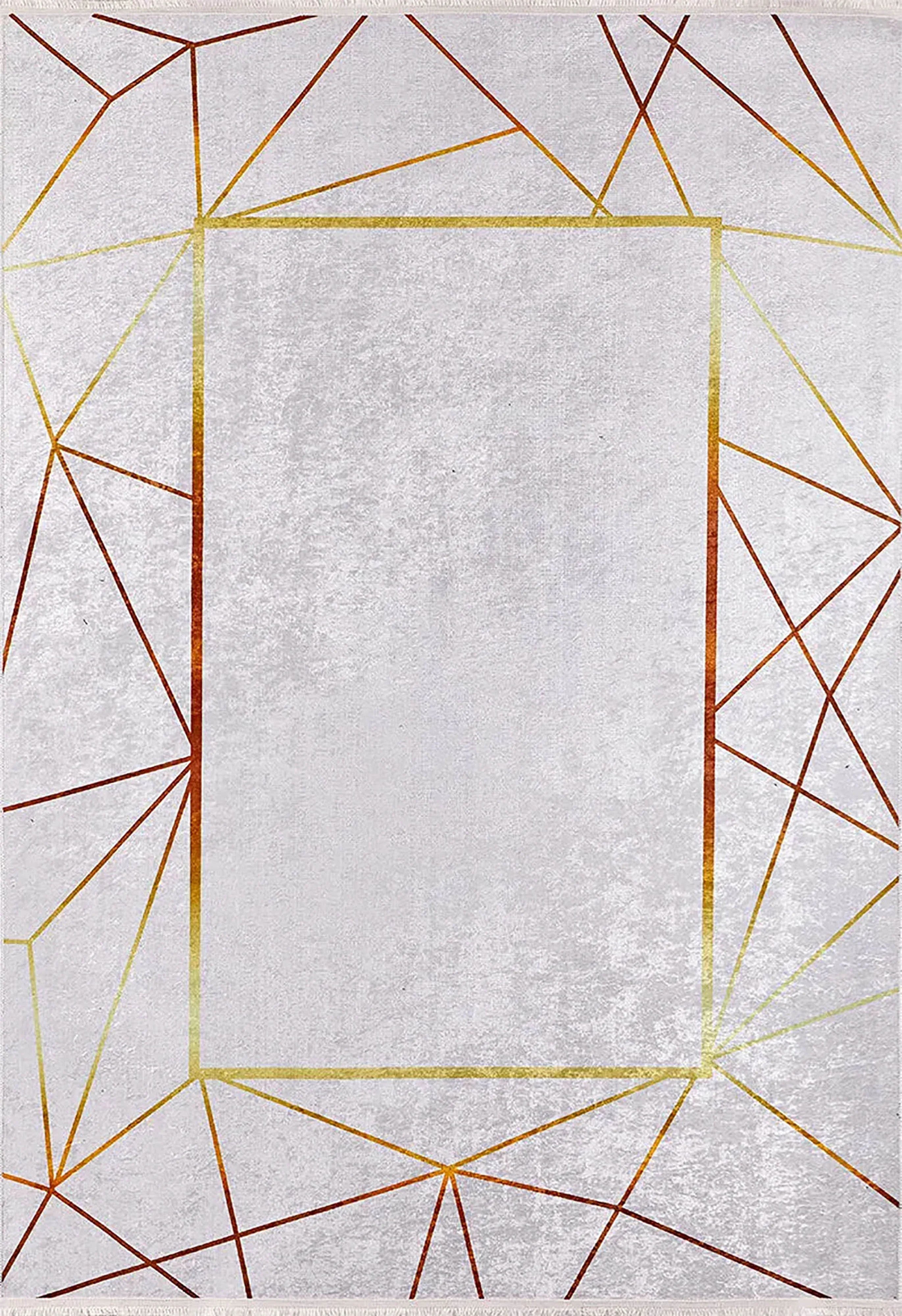 Minimalist Geometrik Çizgili Açık Gri ve Altın Detaylı Halı