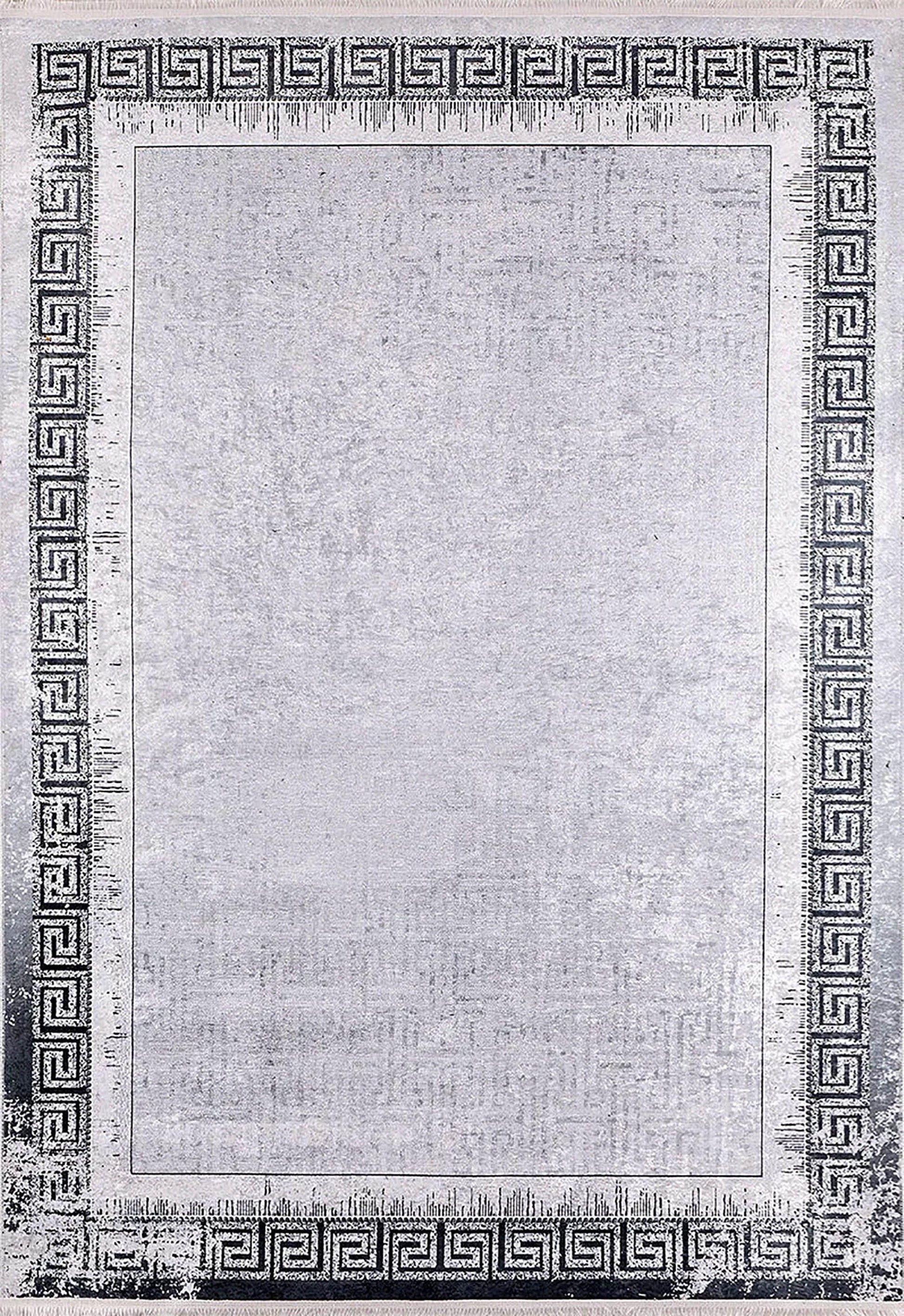 Minimalist Gümüş Gri Siyah Yunan Anahtar Bordürlü Halı