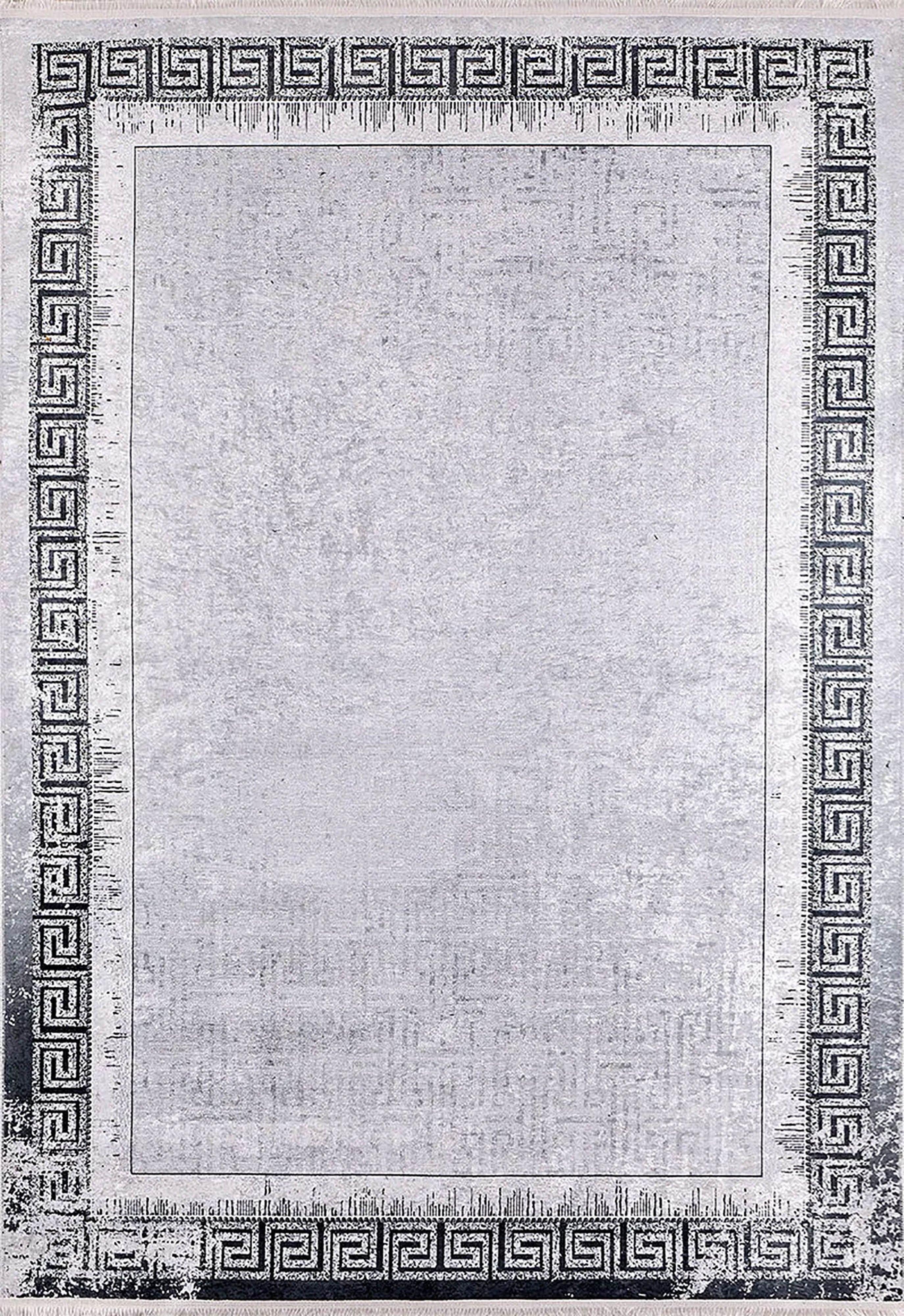 Minimalist Gümüş Gri Siyah Yunan Anahtar Bordürlü Halı