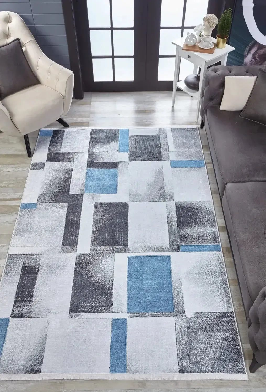 Modern Geometrik Gri Mavi Halı