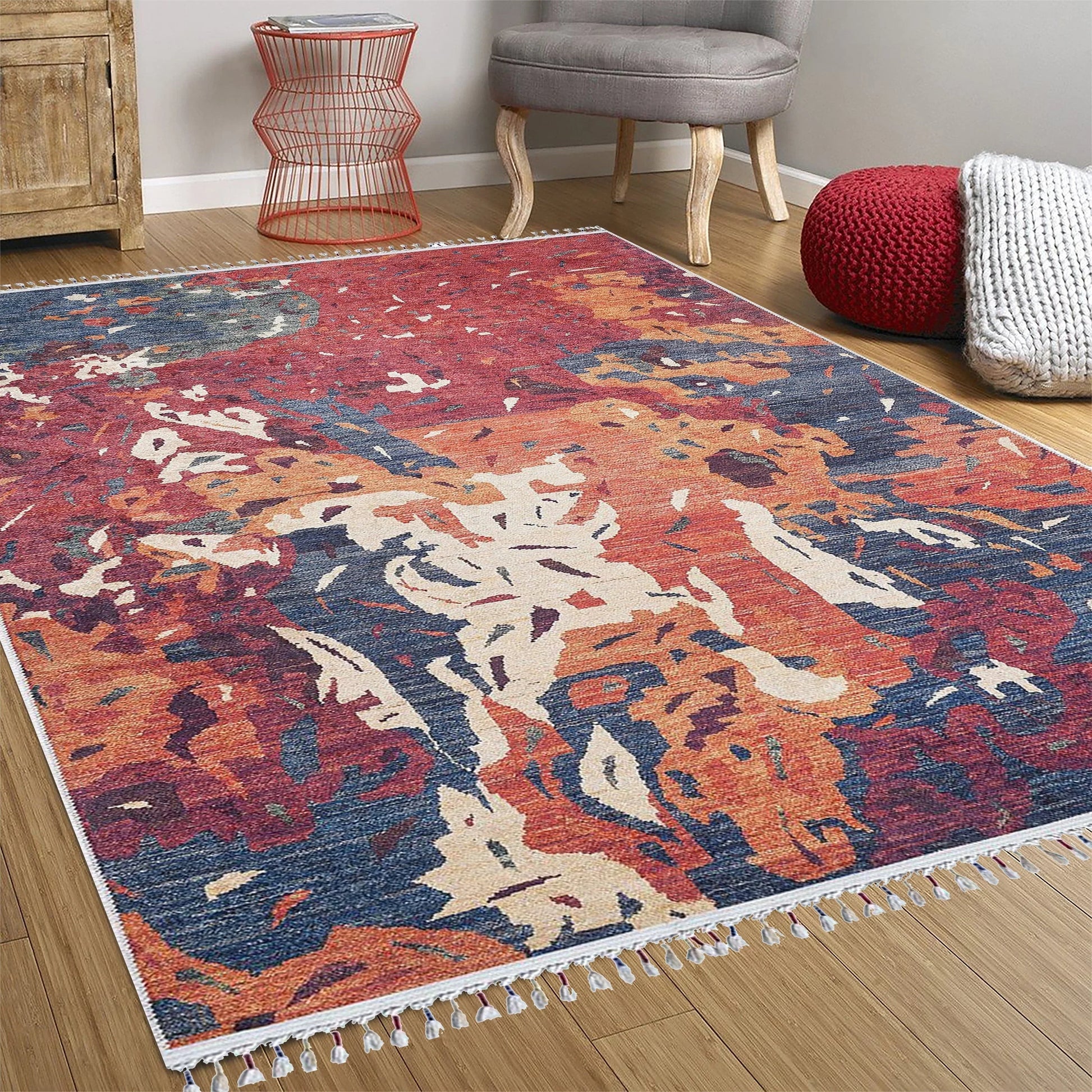 Modern Kırmızı Bej Mavi Turuncu Abstract Desenli Halı