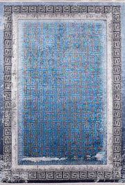 Modern Mavi Labirent Desenli Gümüş Gri Yunan Bordürlü Halı