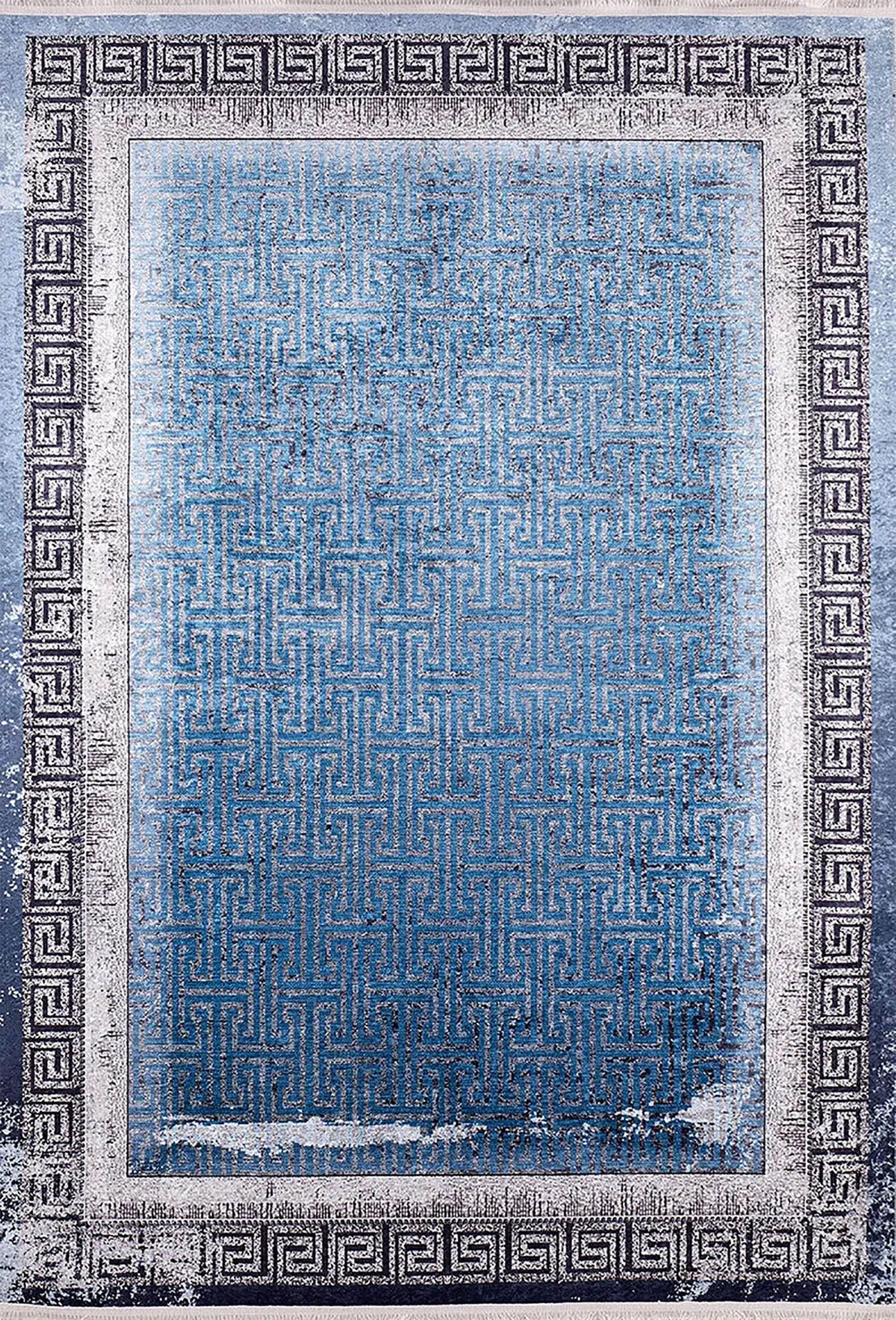 Modern Mavi Labirent Desenli Gümüş Gri Yunan Bordürlü Halı