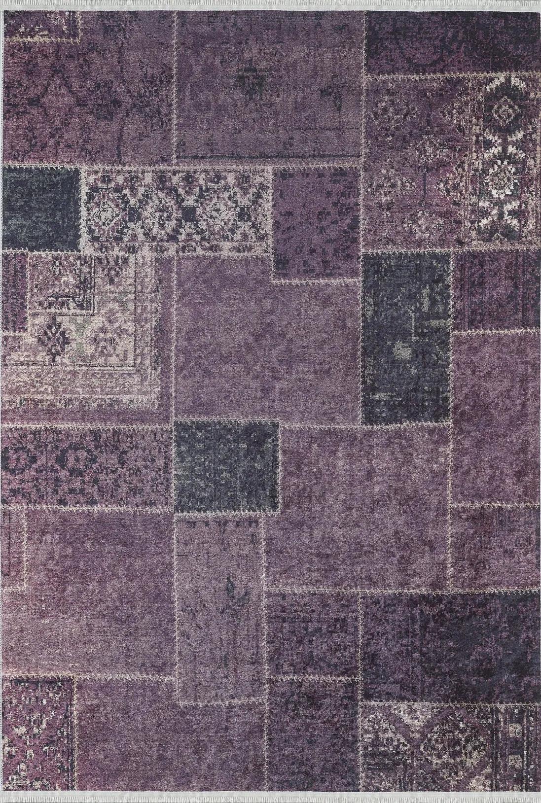 Mor Lila Eskitme Patchwork Görünümlü Halı