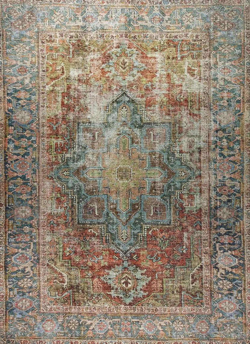 Terracotta ve Adaçayı Yeşili Eskitme Desenli Vintage Halı
