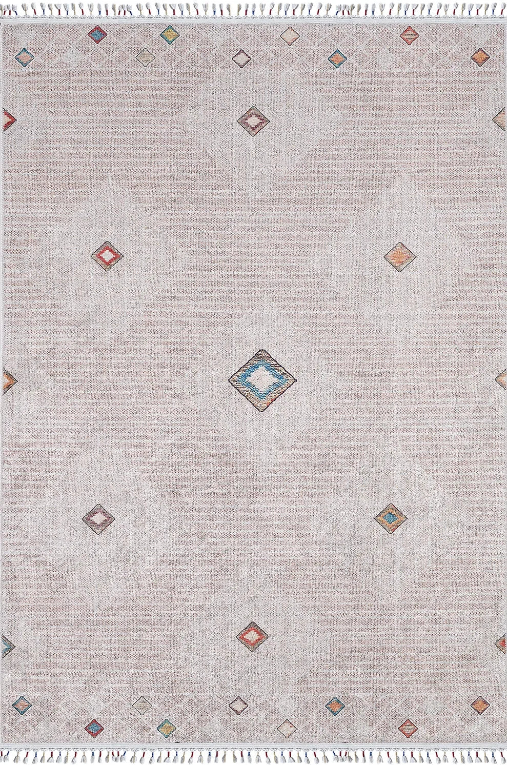 Örgü Saçaklı Bej Minimal Baklava Desenli Halı