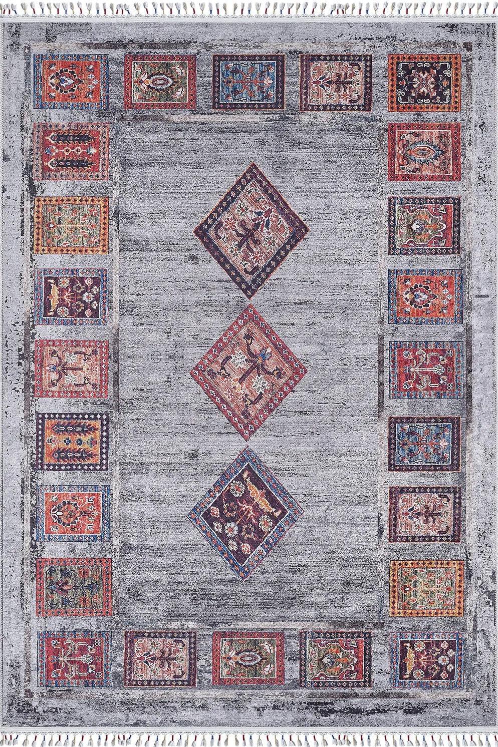 Örgü Saçaklı Gri Medallion Desenli Modern Halı