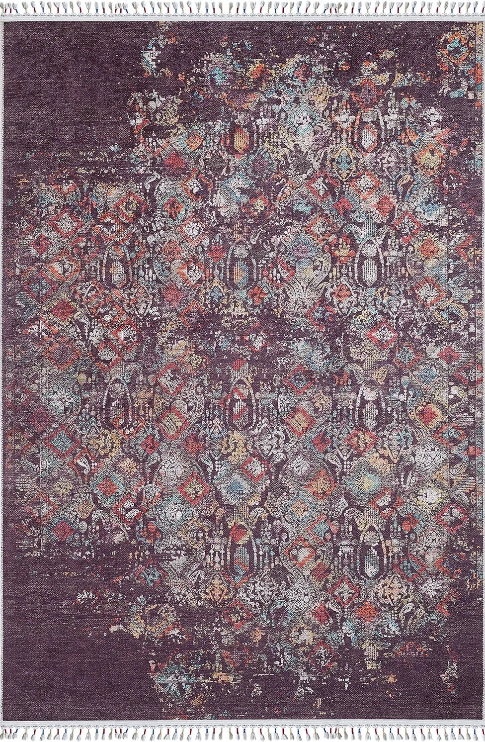 Örgü Saçaklı Koyu Bordo Mor Otantik Motifli Halı