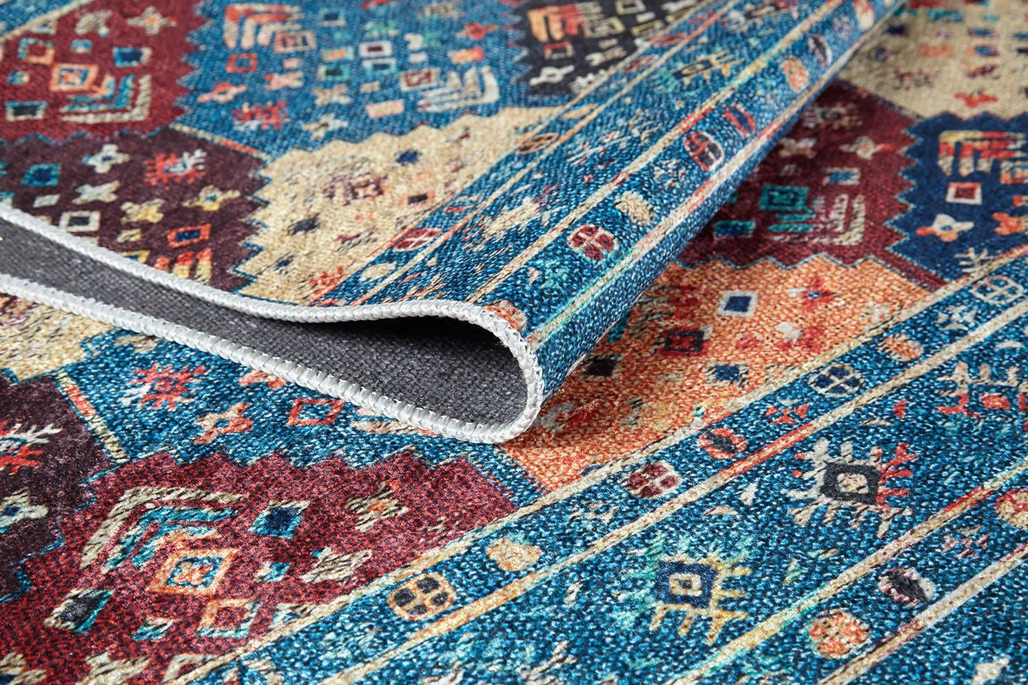 Örgü Saçaklı Mavi Etnik Şerit Desenli Halı