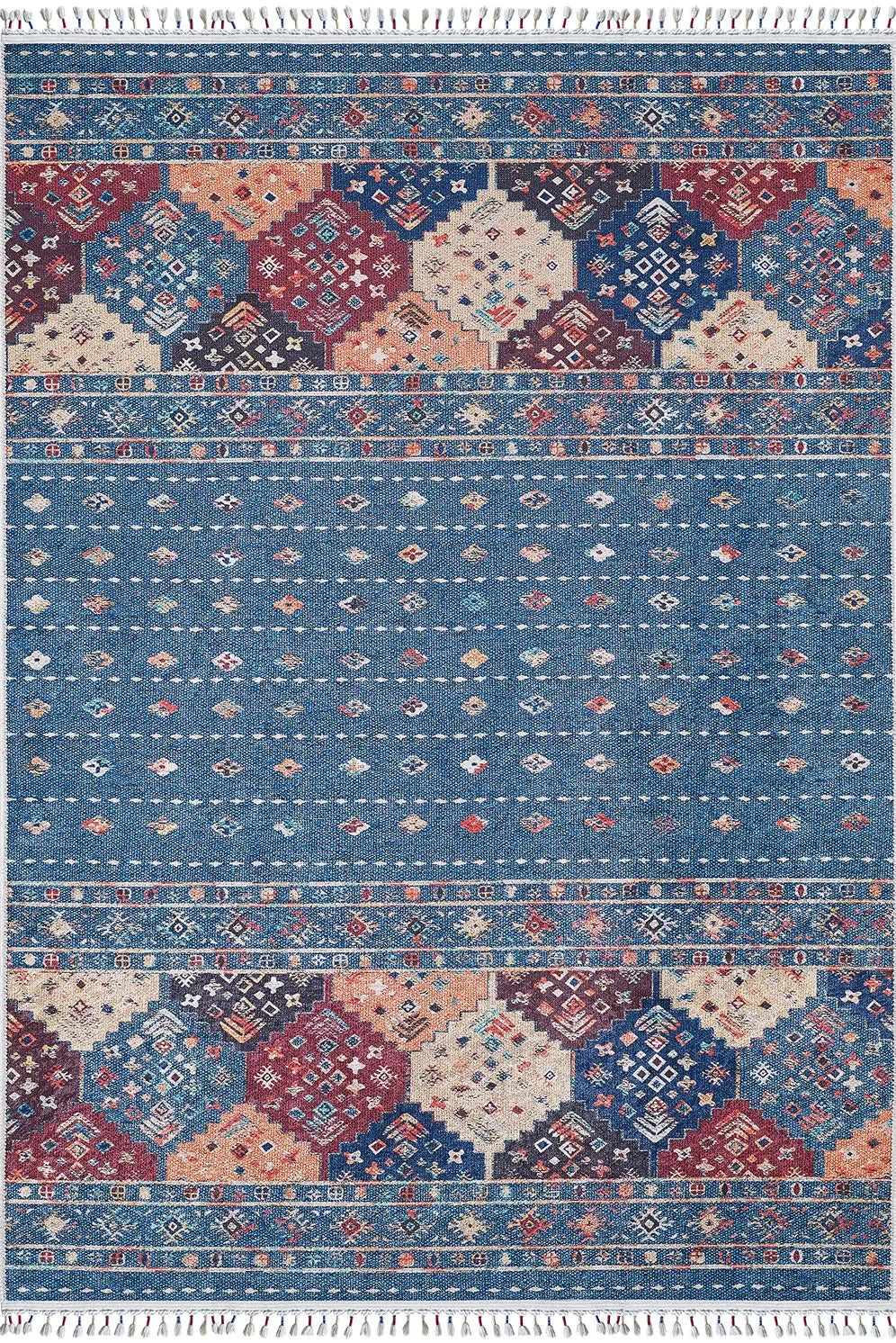 Örgü Saçaklı Mavi Etnik Şerit Desenli Halı
