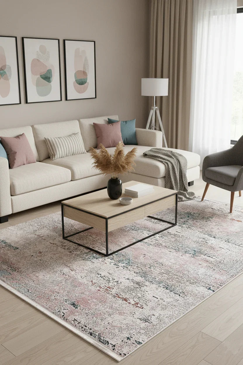 Pastel Pembe, Mavi ve Krem Modern Soyut Halı