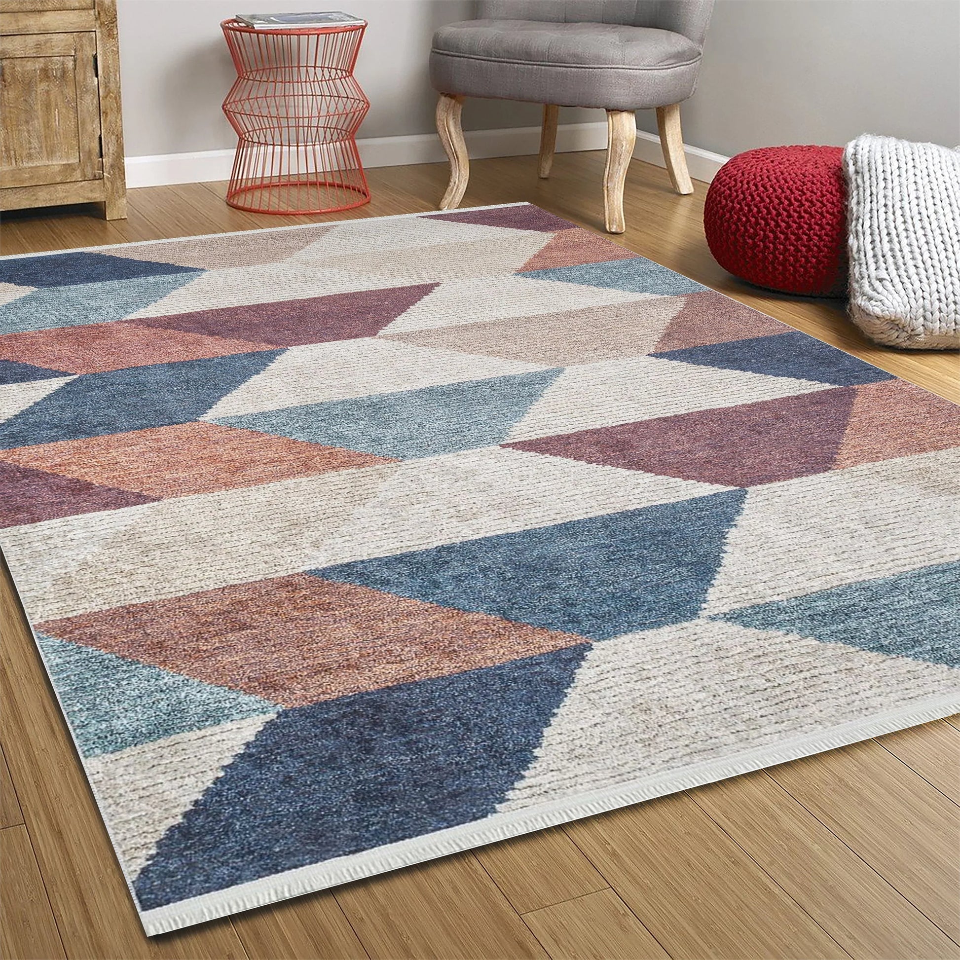 Pastel Tonlu Renkli Geometrik Desenli Kilim Halı