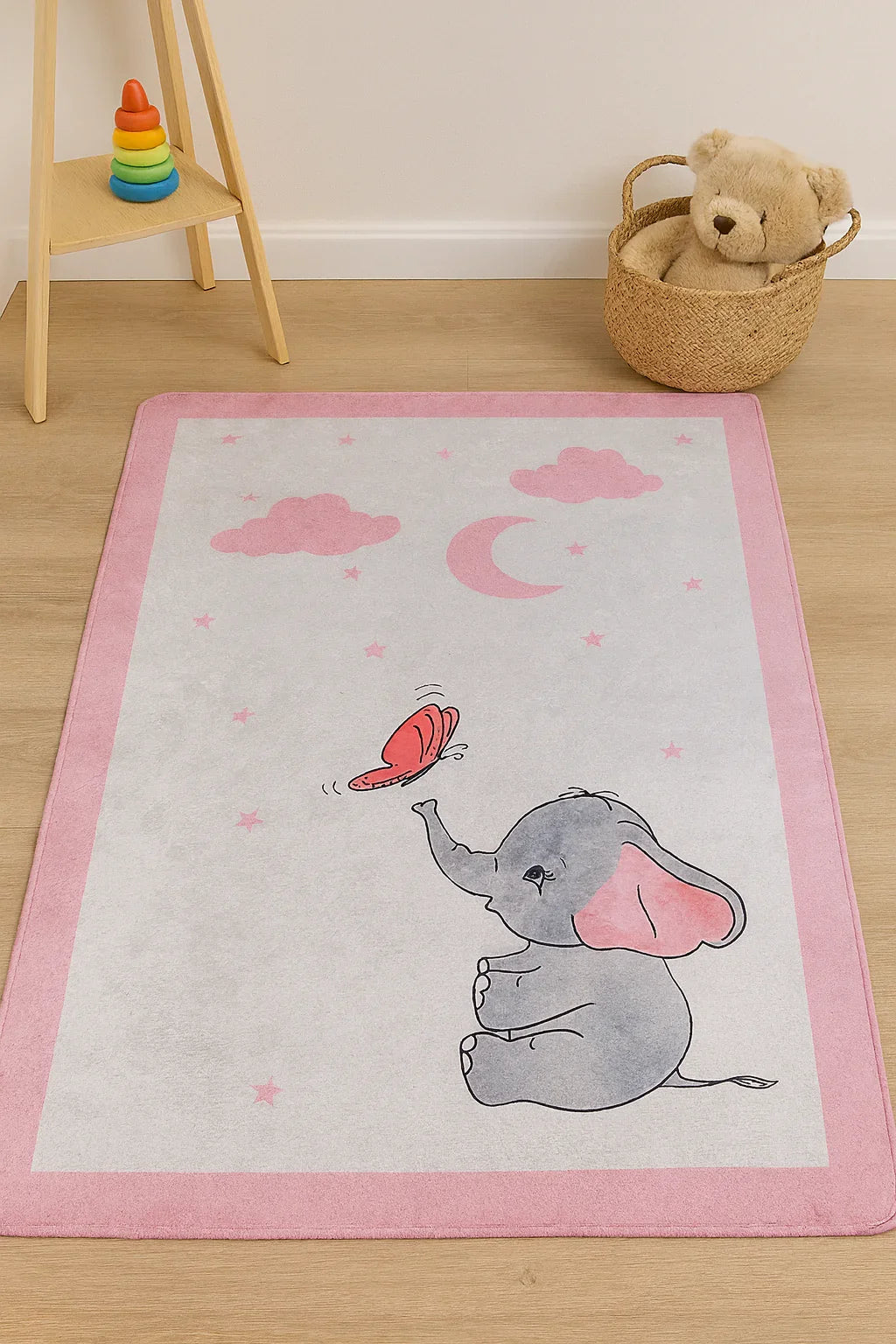 Pembe Ay ve Fil Desenli Yıkanabilir Çocuk Halısı
