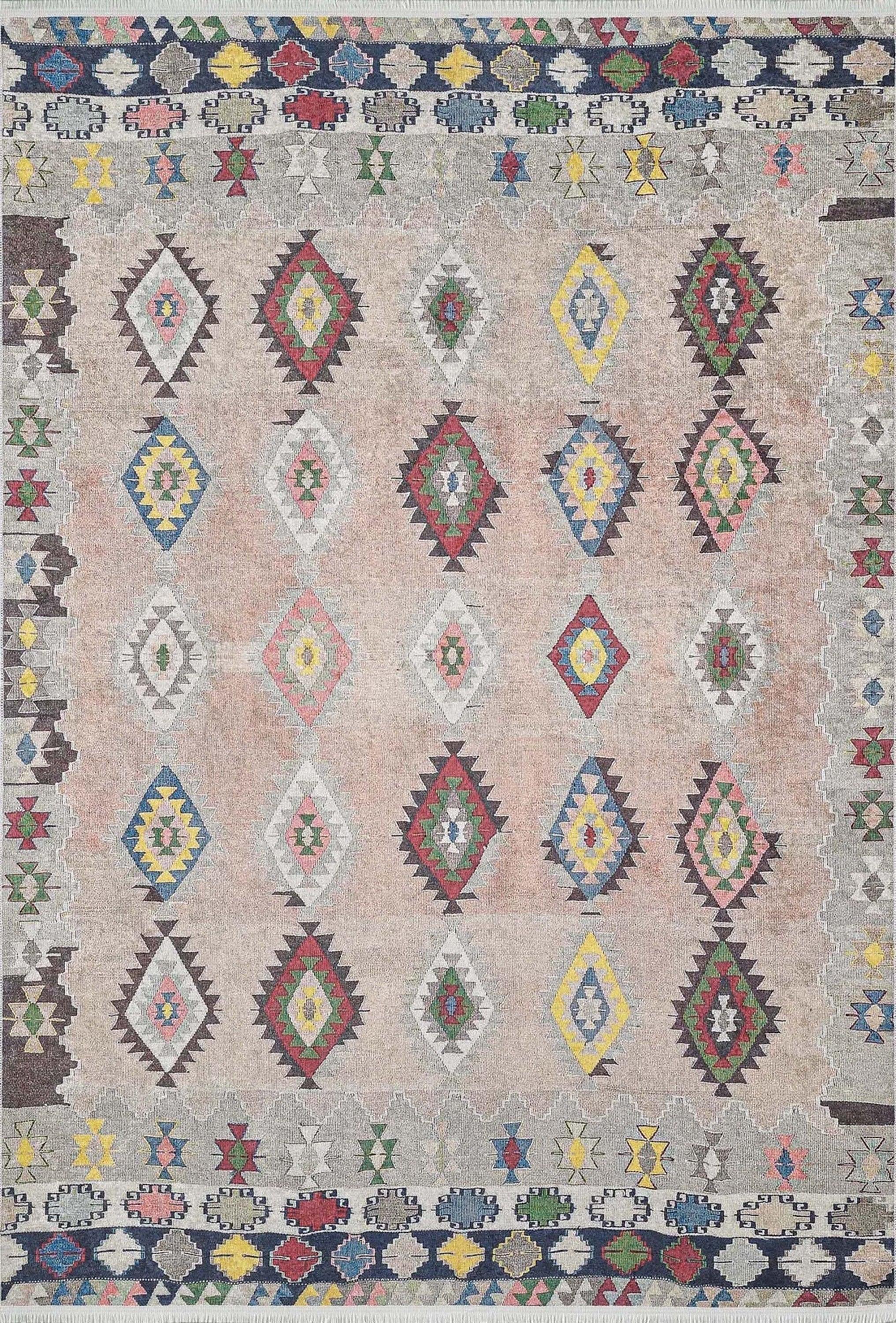 Pembe Bej Geometrik Desenli Anadolu Kilim Halı
