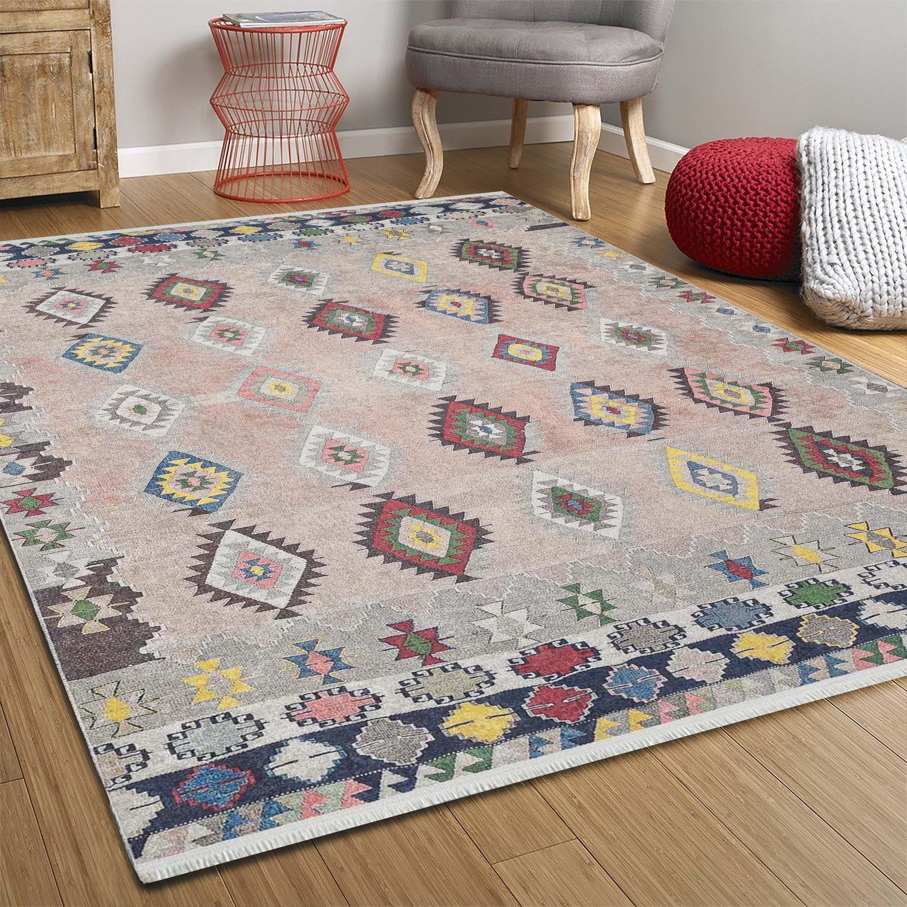 Pembe Bej Geometrik Desenli Anadolu Kilim Halı
