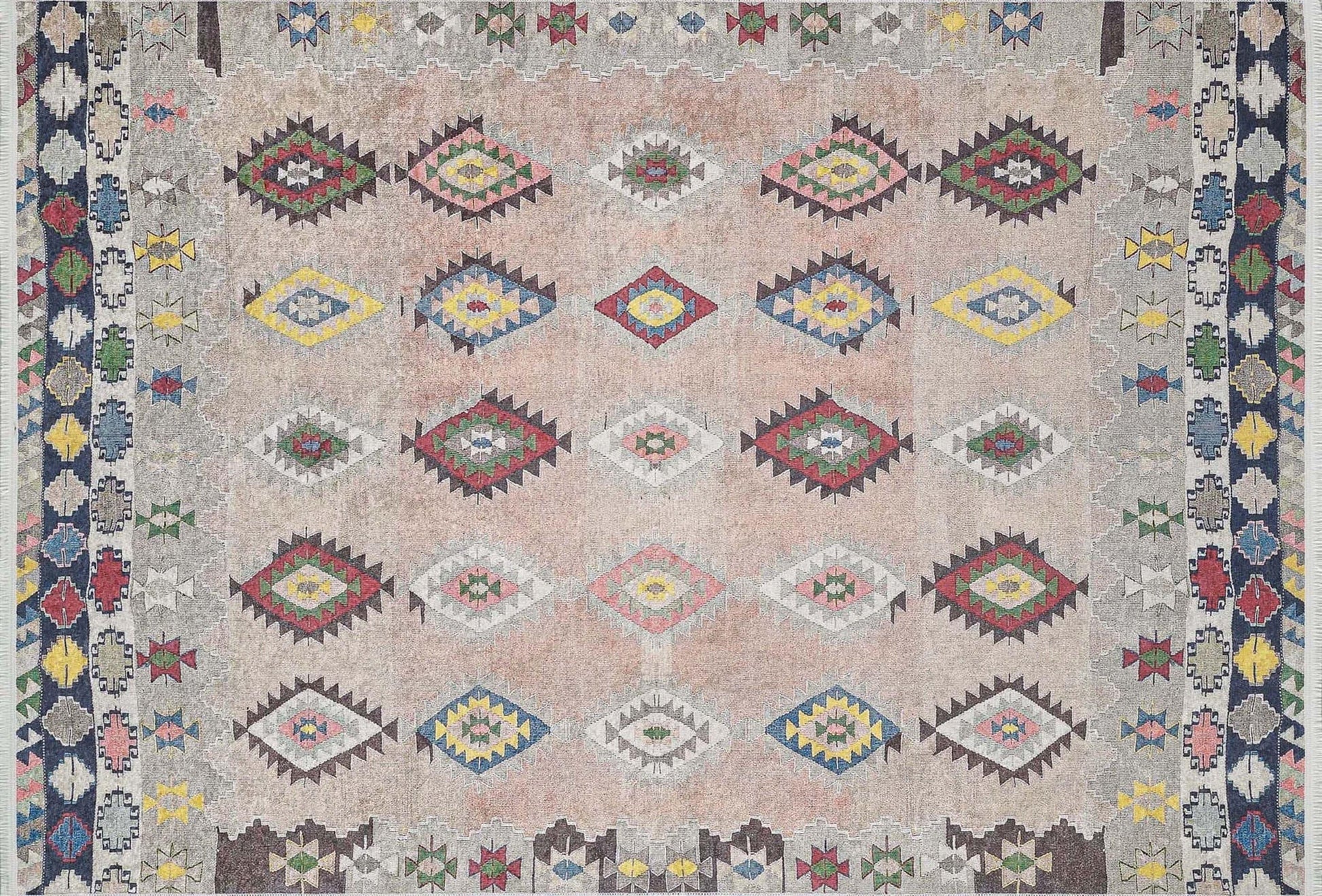 Pembe Bej Geometrik Desenli Anadolu Kilim Halı