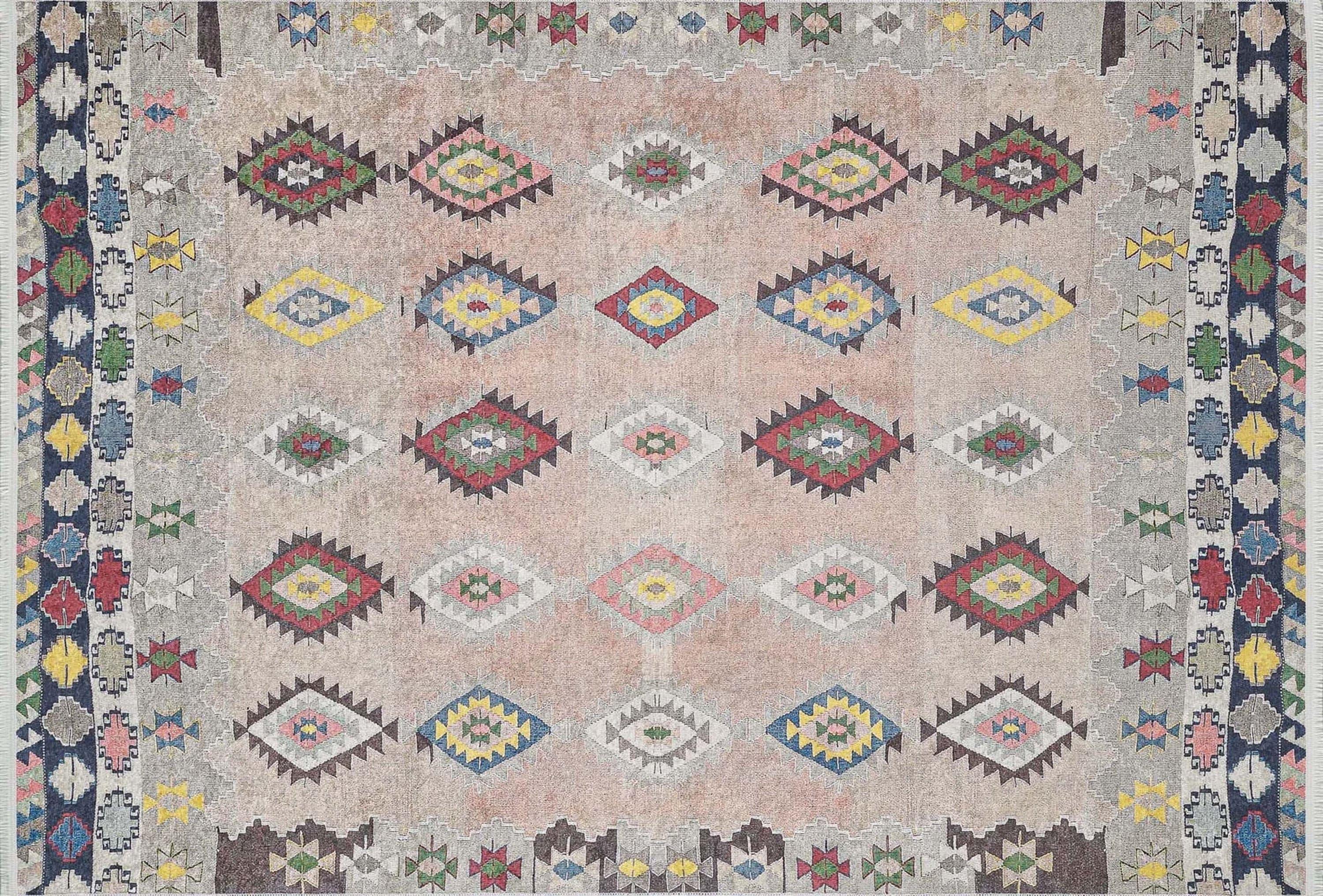 Pembe Bej Geometrik Desenli Anadolu Kilim Halı