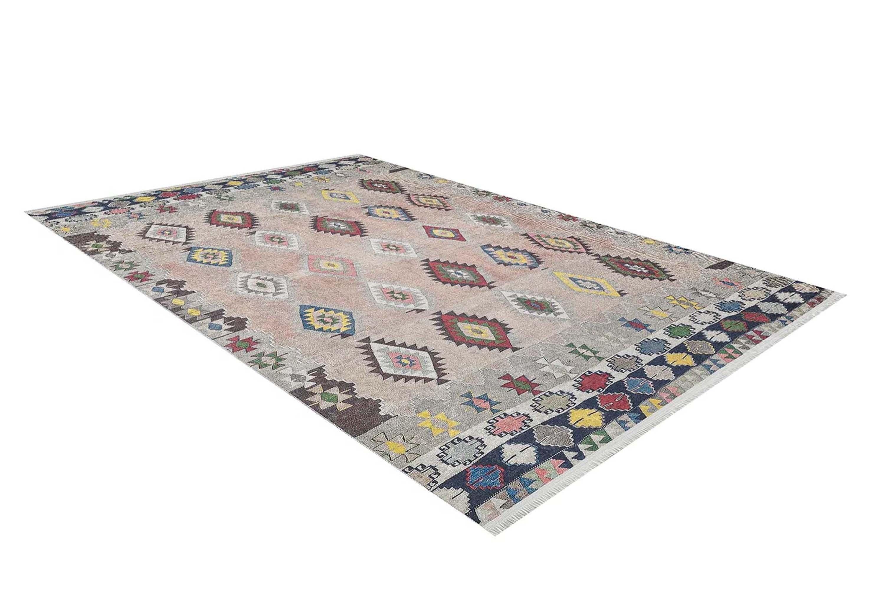 Pembe Bej Geometrik Desenli Anadolu Kilim Halı