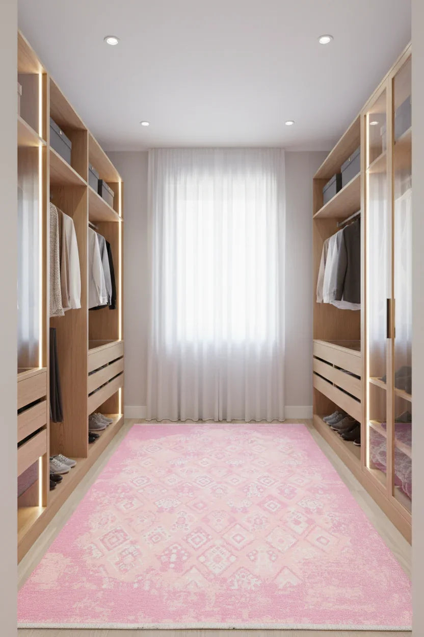 Pembe Çift Taraflı Yıkanabilir Vintage Halı