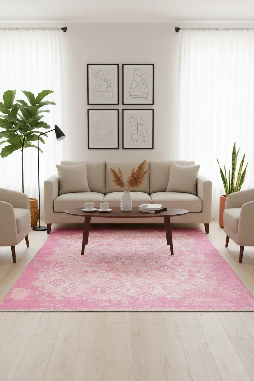 Pembe Çift Taraflı Yıkanabilir Vintage Halı