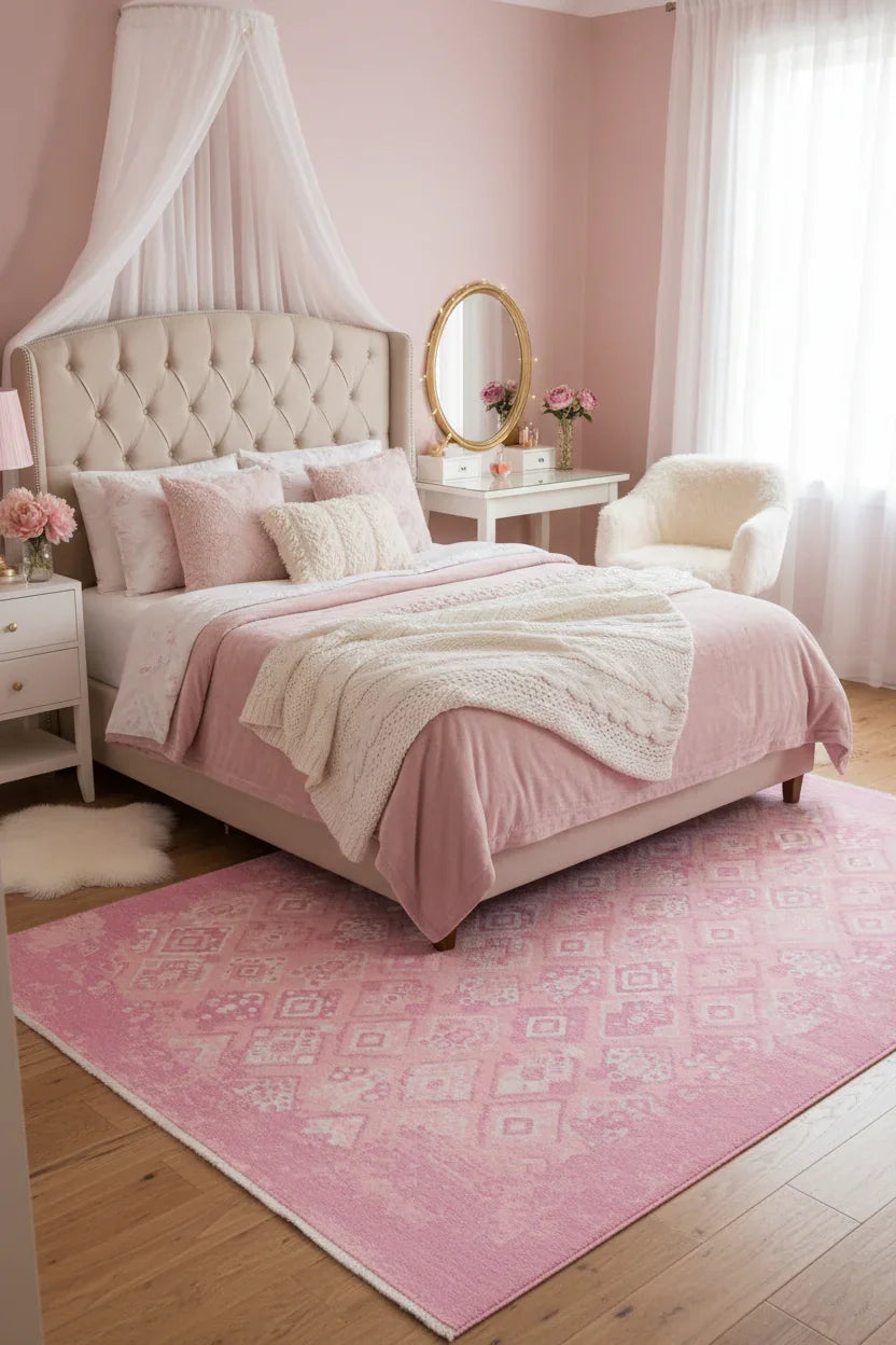 Pembe Çift Taraflı Yıkanabilir Vintage Halı