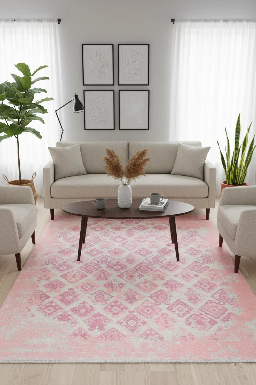 Pembe Çift Taraflı Yıkanabilir Vintage Halı