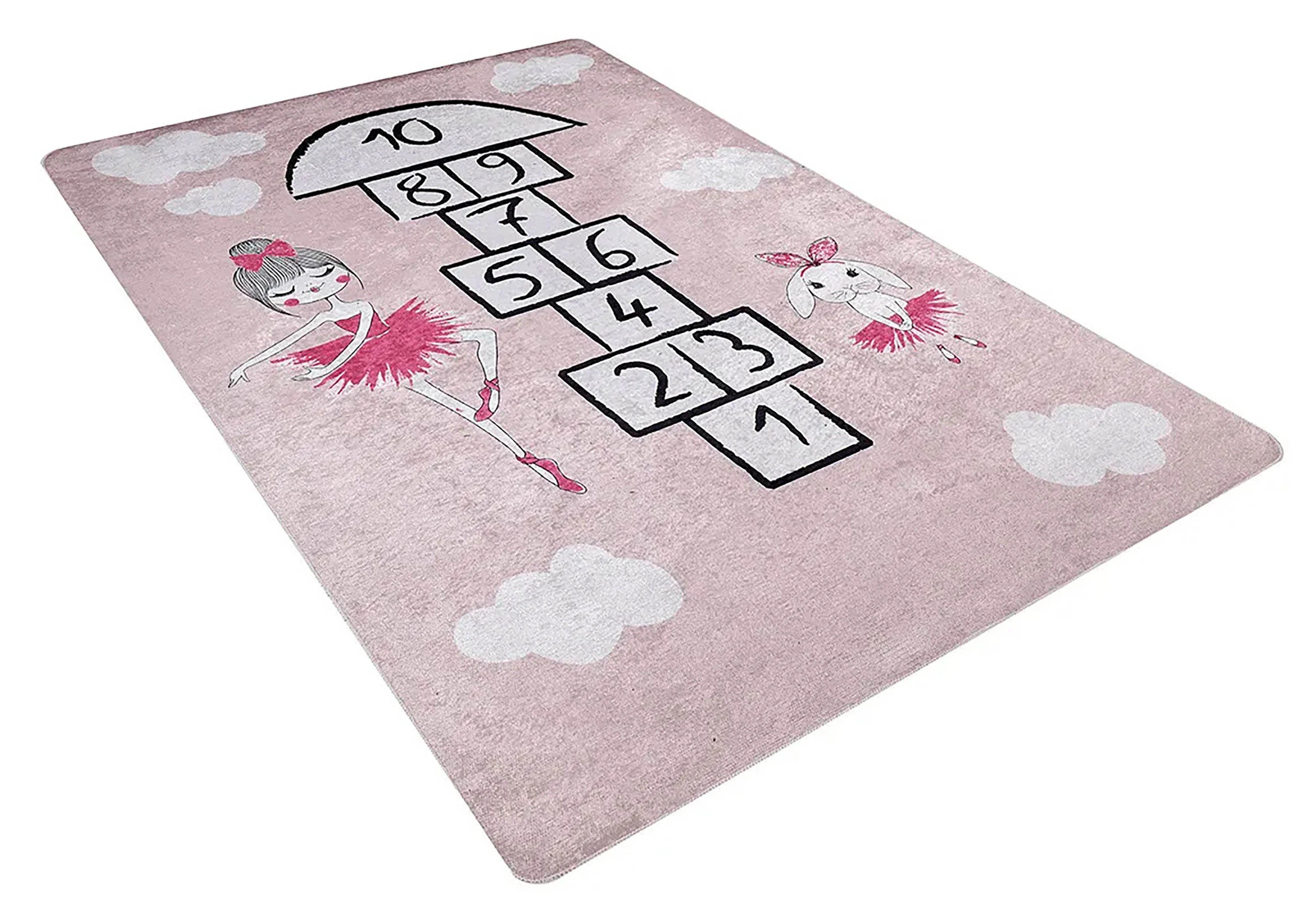 Pembe Seksek ve Balerin Desenli Yıkanabilir Çocuk Halısı