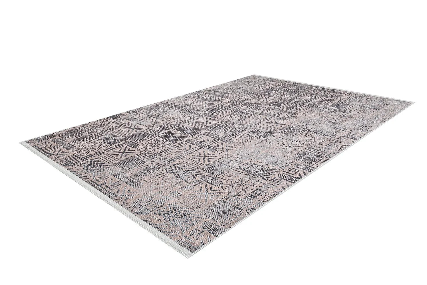 Pudra Gri Siyah Geometrik Desenli Halı