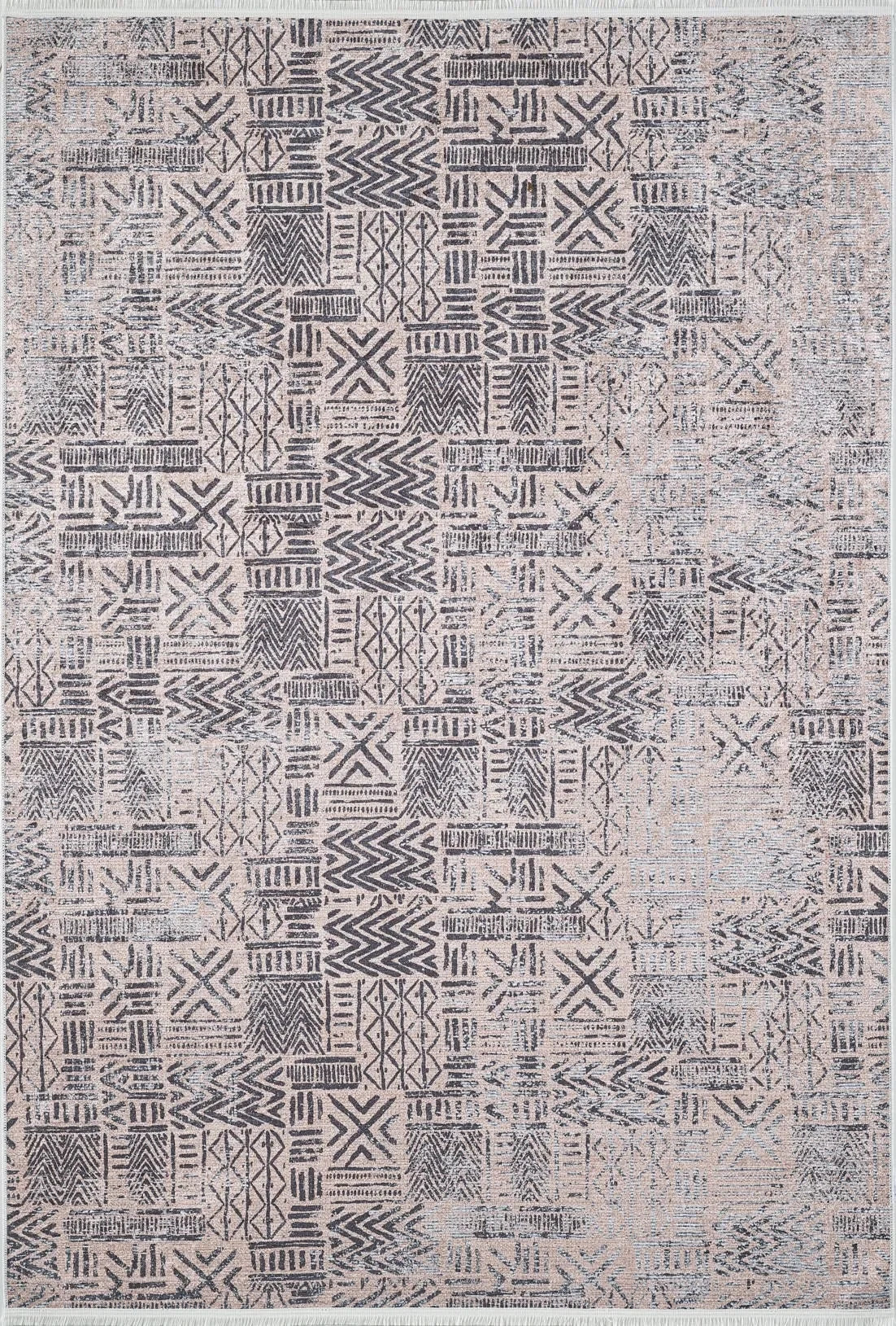 Pudra Gri Siyah Geometrik Desenli Halı
