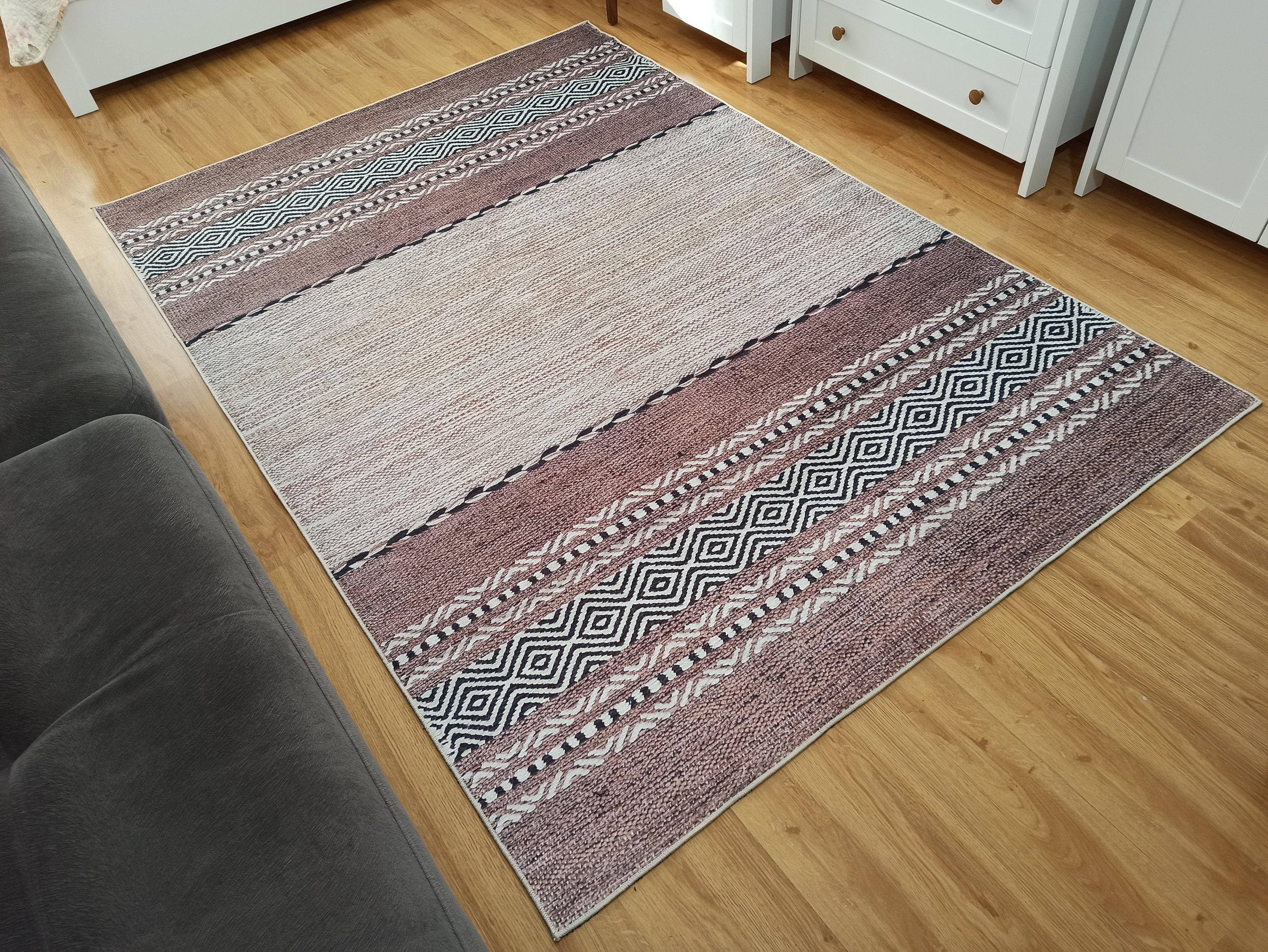 Etnik Kilim Desenli Kahverengi ve Bej Çizgili Bohem Halı - OUTLET - 12428OU