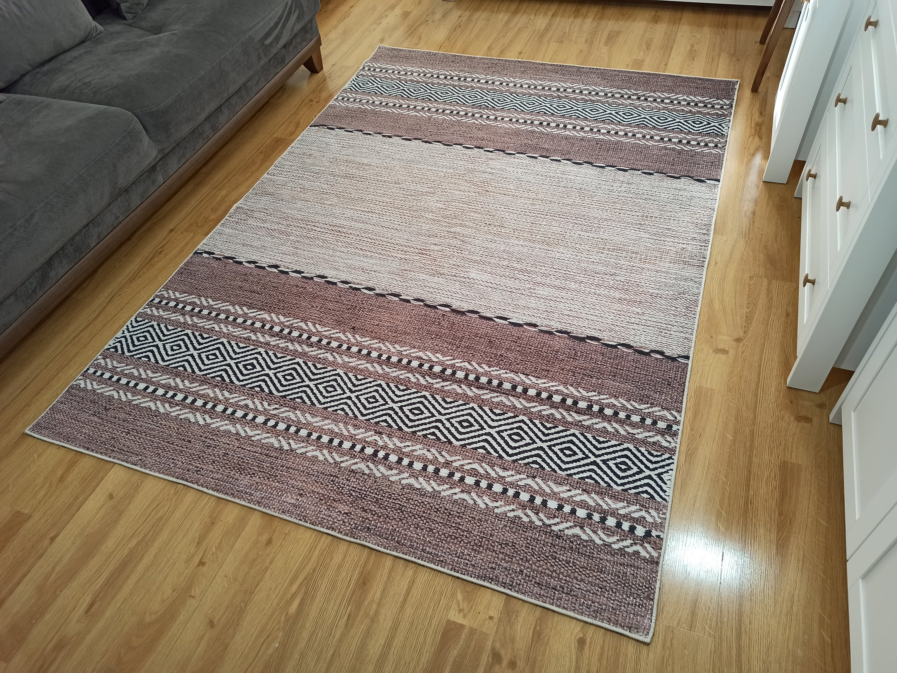 Etnik Kilim Desenli Kahverengi ve Bej Çizgili Bohem Halı - OUTLET - 12428OU