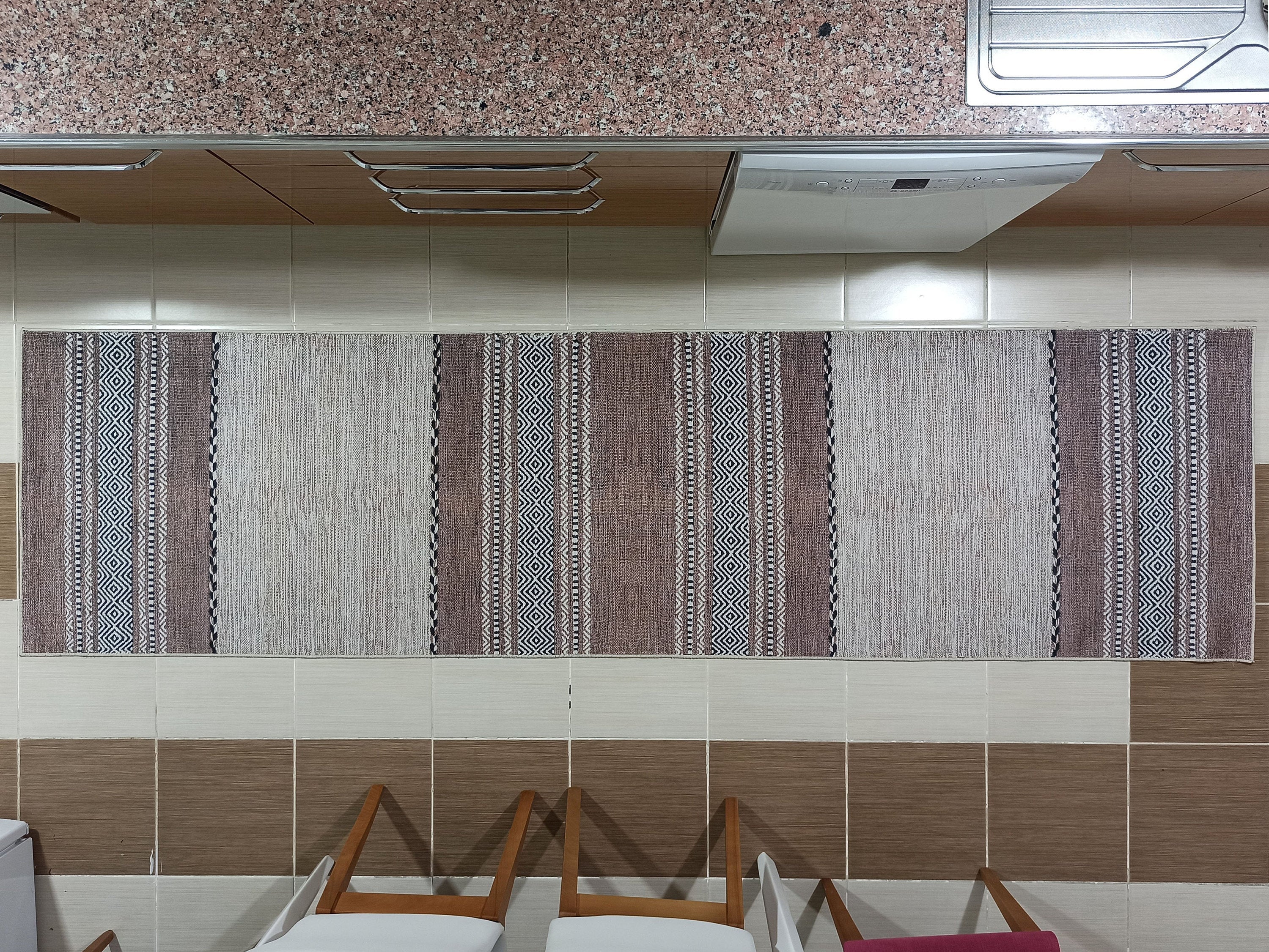 Etnik Kilim Desenli Kahverengi ve Bej Çizgili Bohem Halı - OUTLET - 12428OU