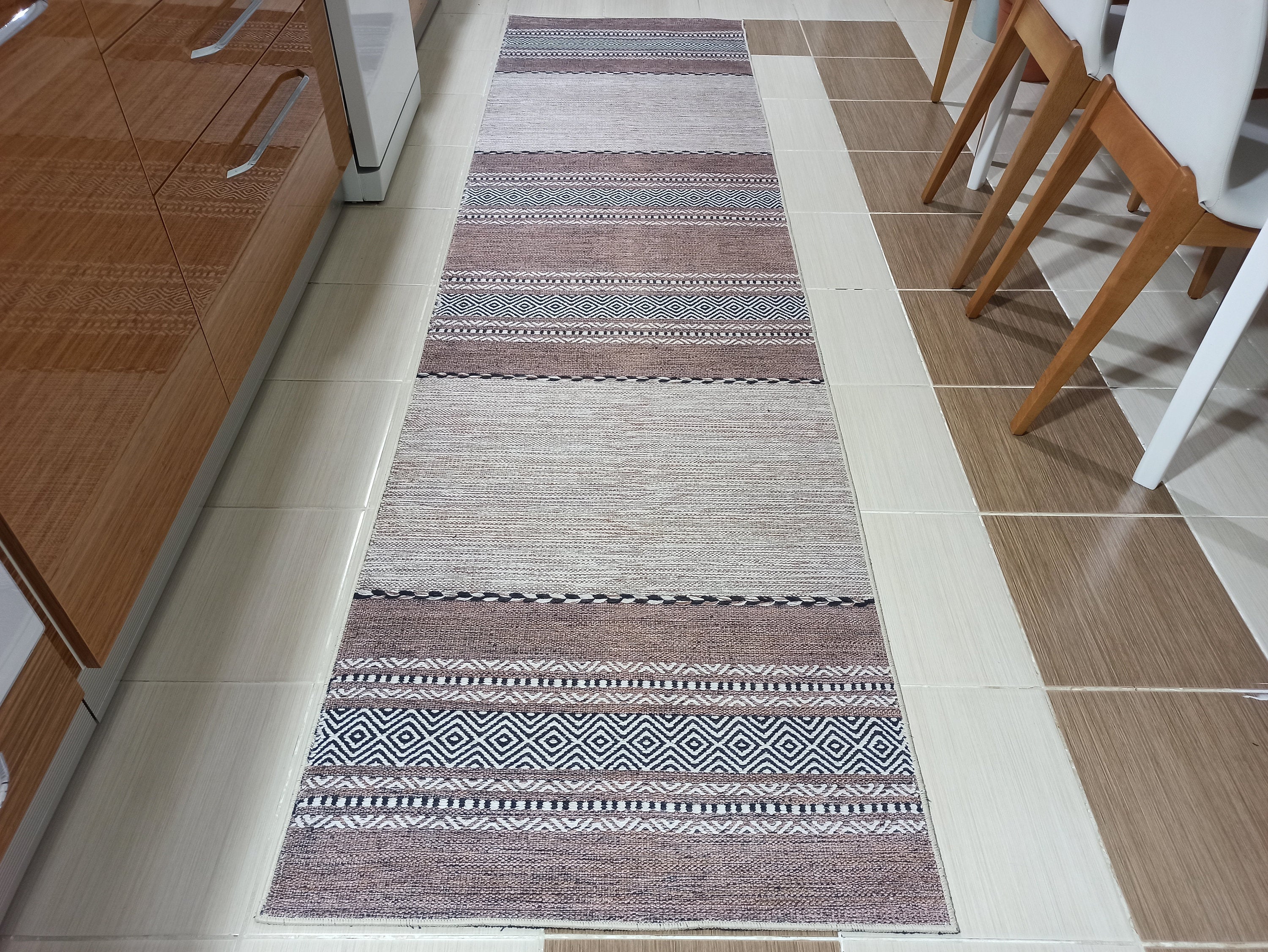 Etnik Kilim Desenli Kahverengi ve Bej Çizgili Bohem Halı - OUTLET - 12428OU