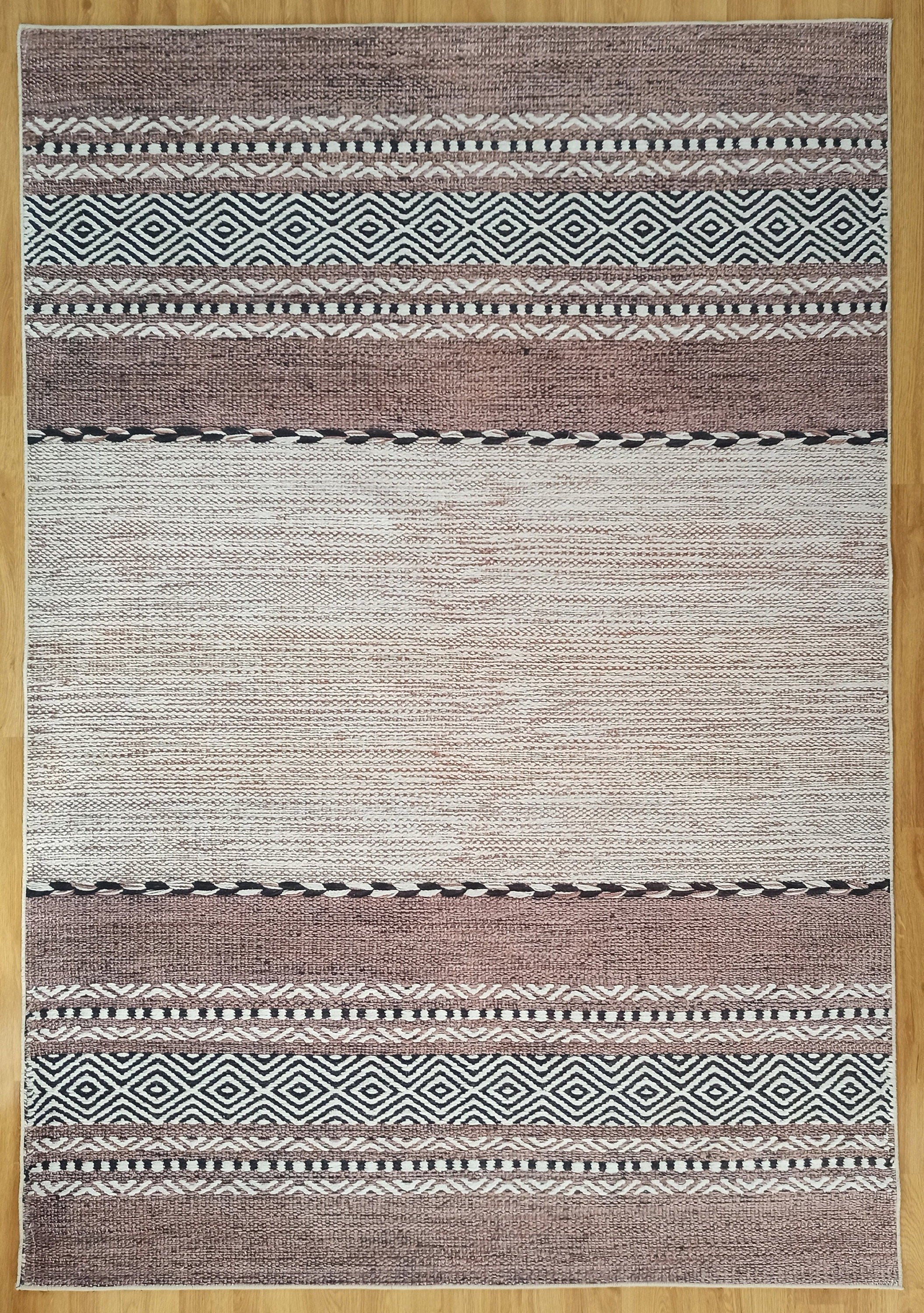 Etnik Kilim Desenli Kahverengi ve Bej Çizgili Bohem Halı - OUTLET - 12428OU