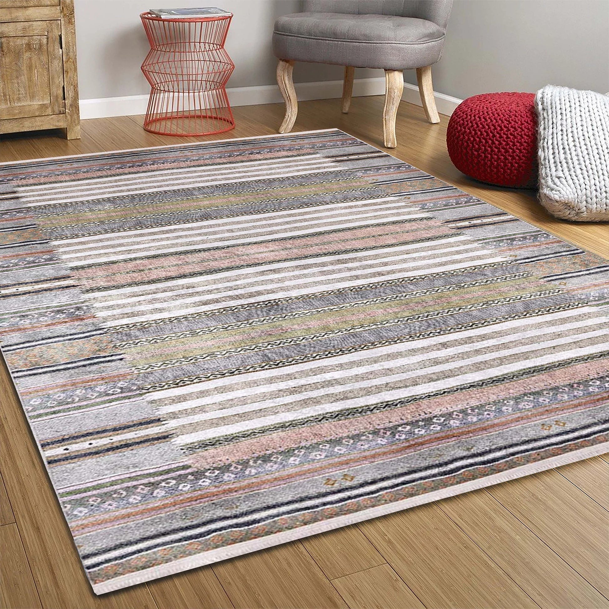 Renkli Çizgili Desenli Anadolu Kilim Halı