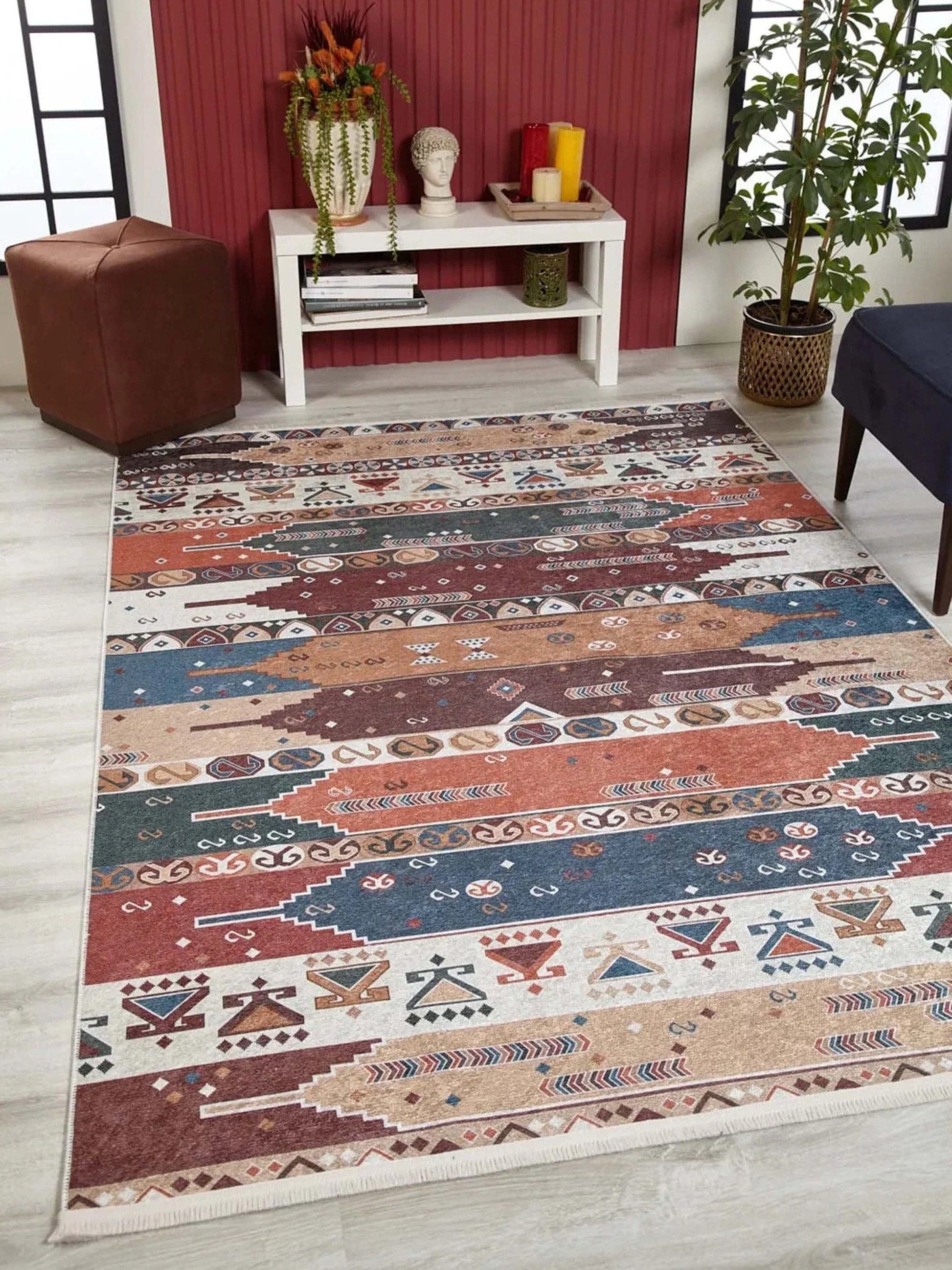 Renkli Geometrik Desenli Pastel Kilim Halı