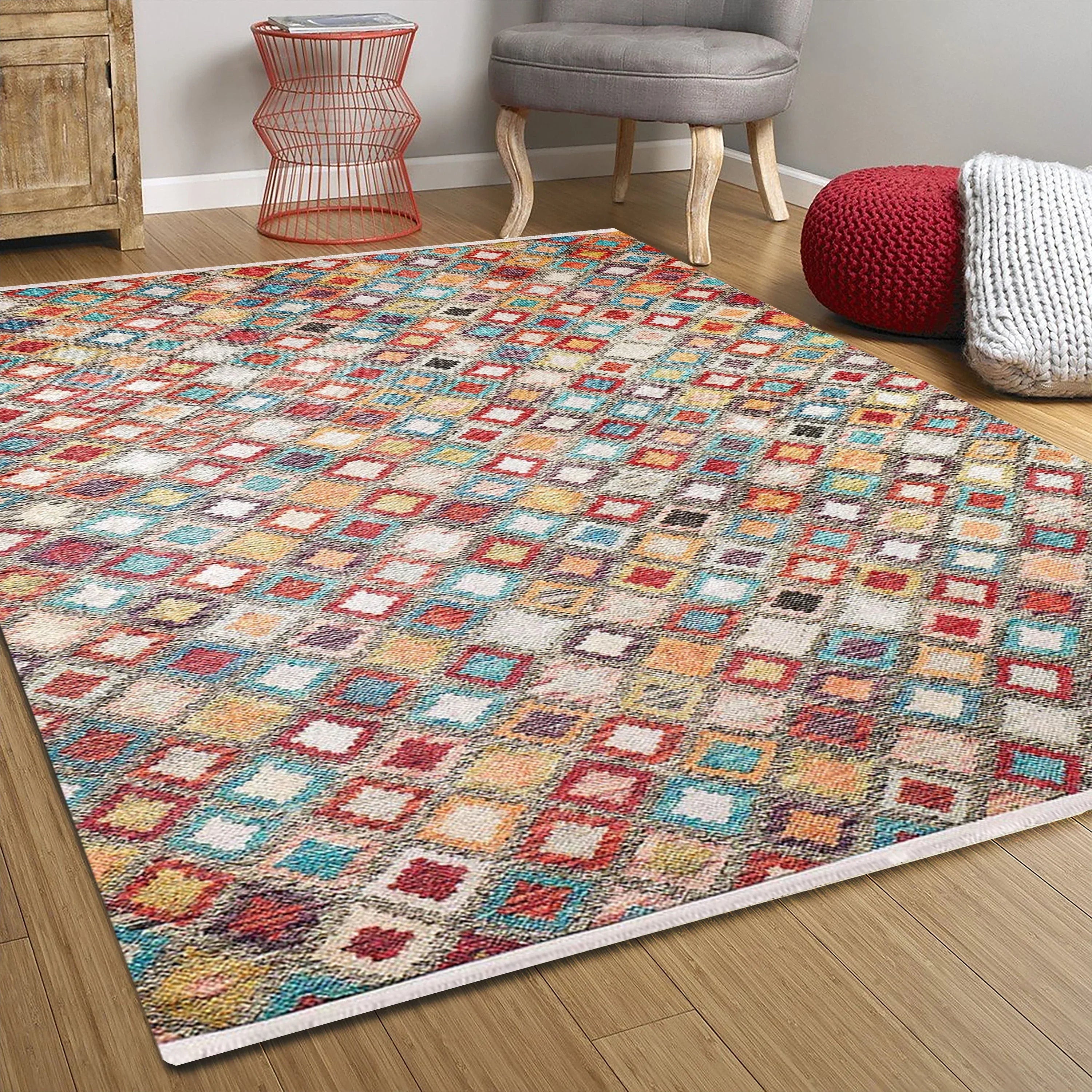 Renkli Kare Desenli Anadolu Kilim Halı