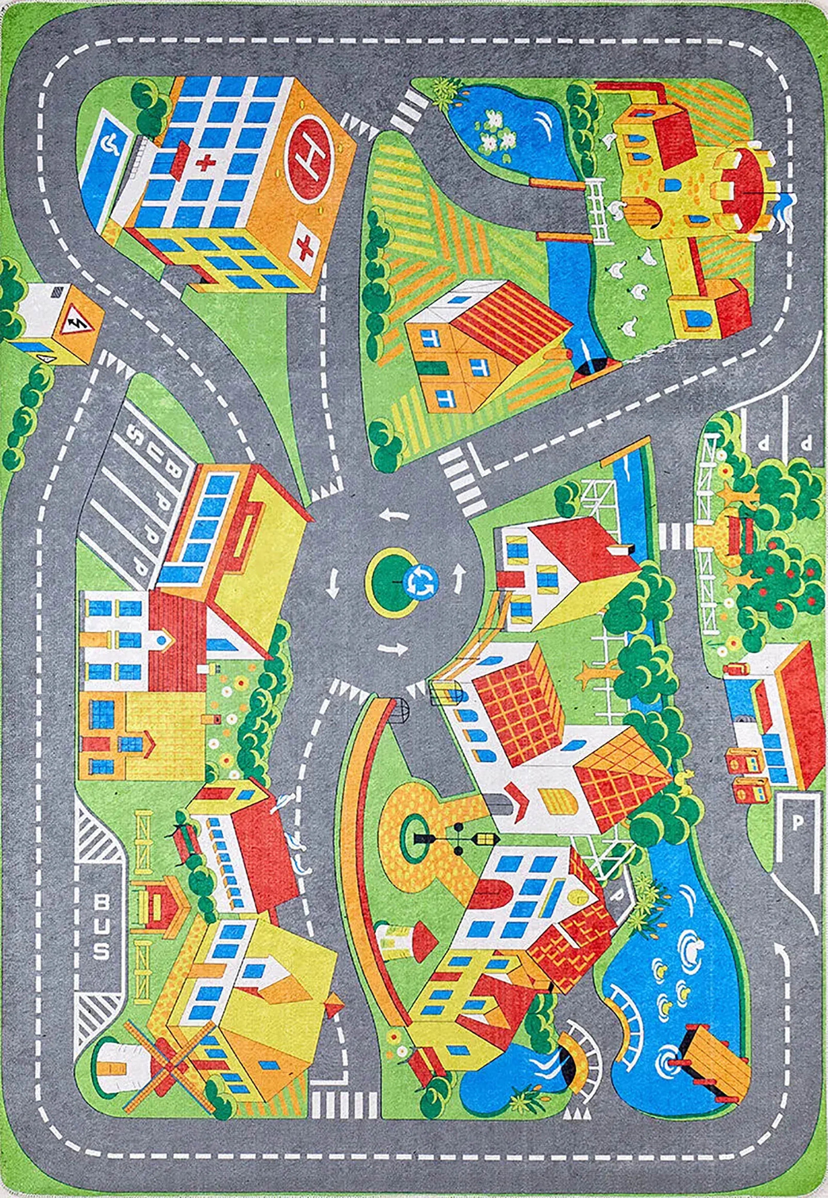Renkli Şehir ve Yol Desenli Yıkanabilir Çocuk Halısı