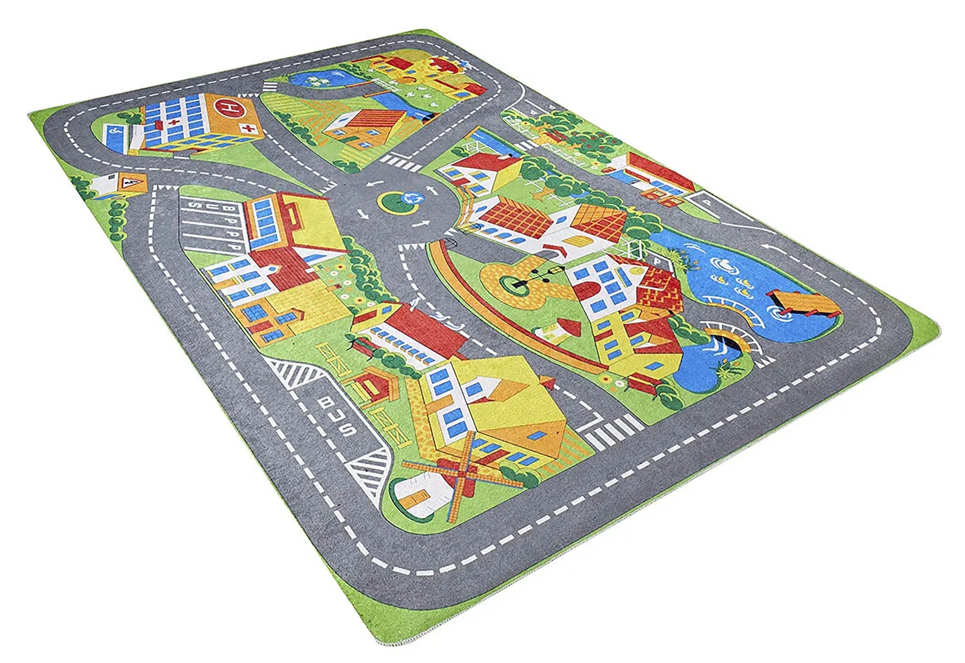 Renkli Şehir ve Yol Desenli Yıkanabilir Çocuk Halısı