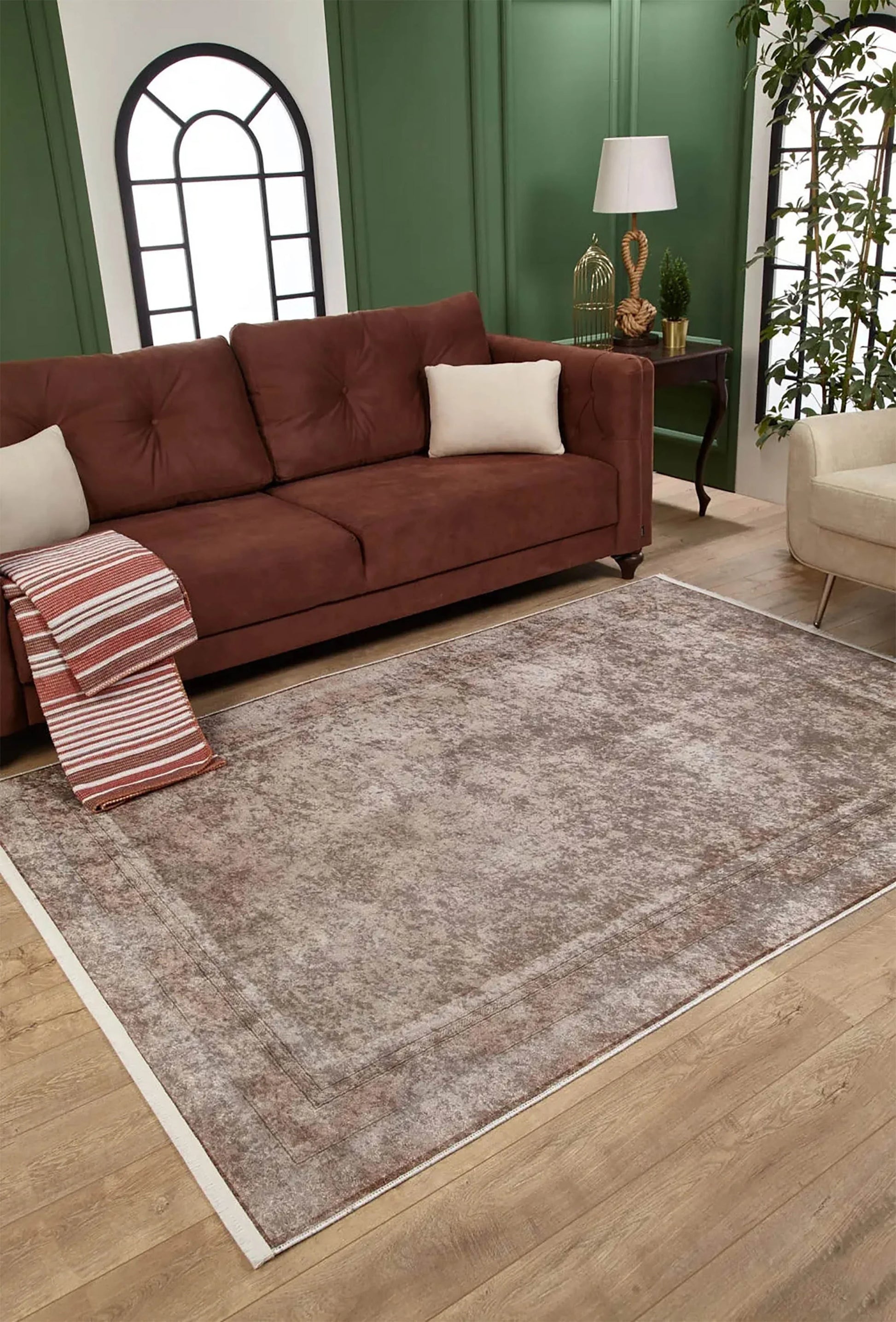 Sade Modern Bordürlü Açık Gri-Bej Yıkanabilir Halı