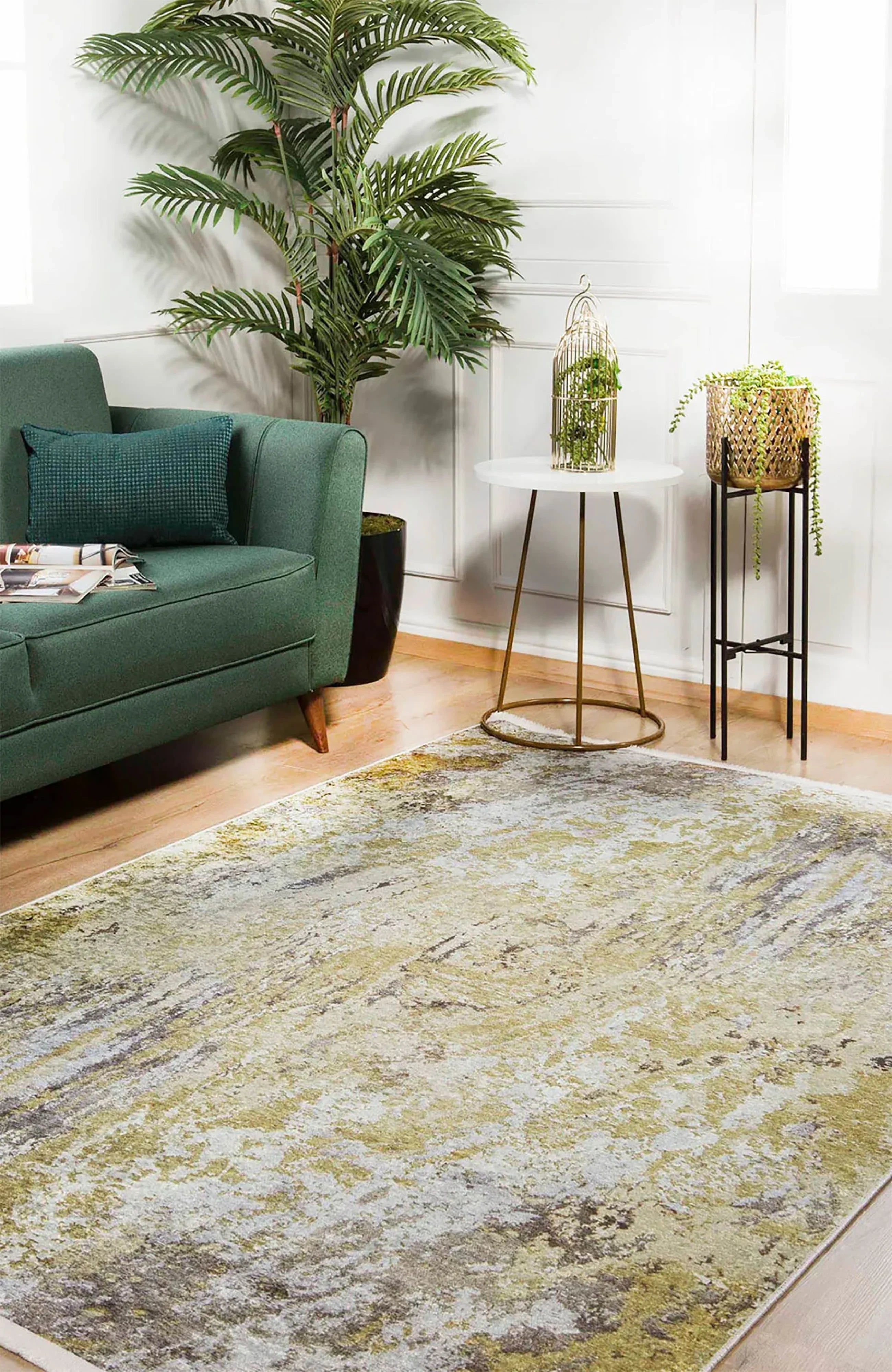 Sarı, Altın ve Gri Modern Lüks Soyut Sanat Halısı