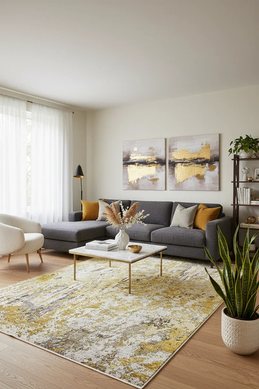 Sarı, Altın ve Gri Modern Lüks Soyut Sanat Halısı