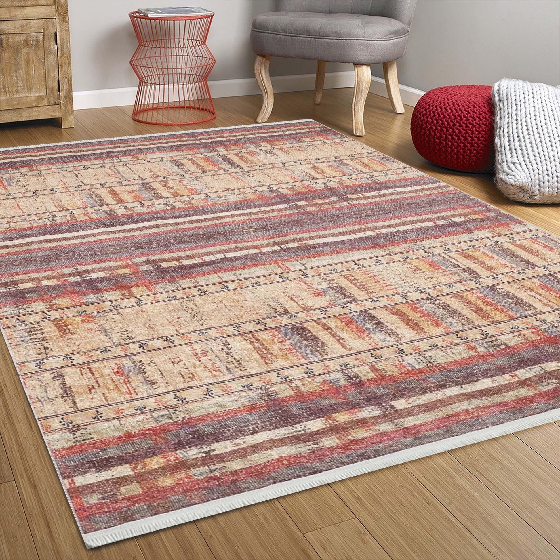 Sarı Bej Renkli Çizgili Anadolu Kilim Halı