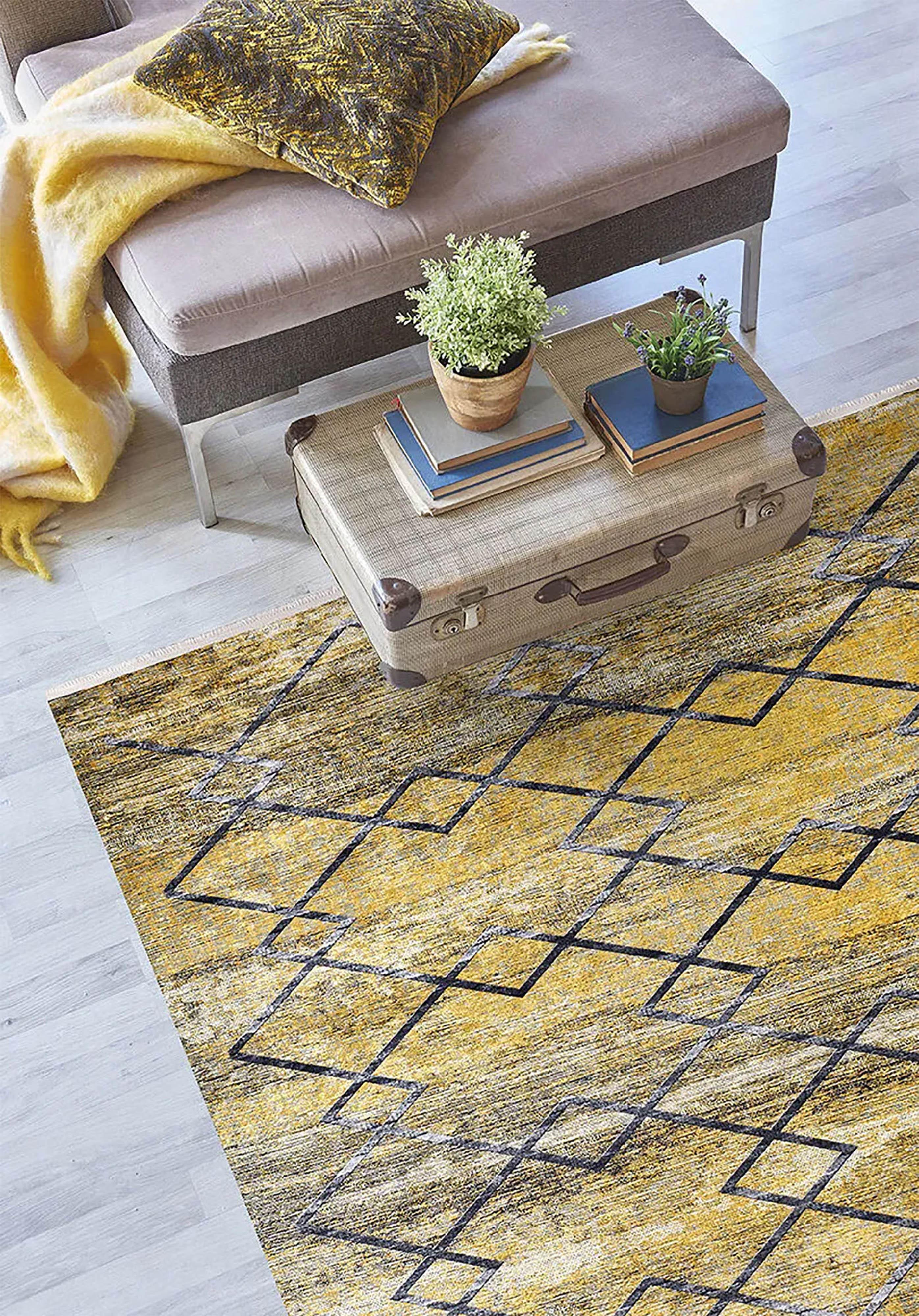 Sarı Hardal Geometrik Baklava Desen Halı