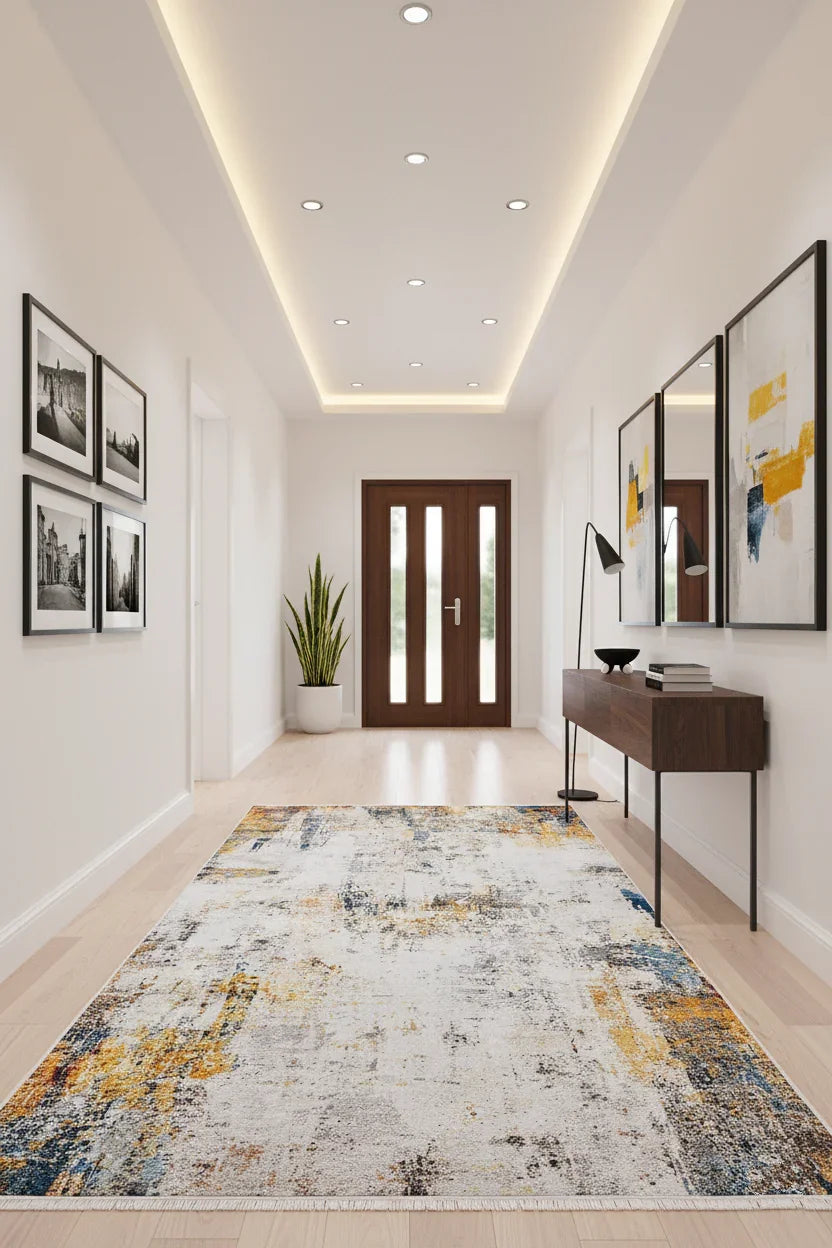 Sarı, Mavi ve Beyaz Modern Soyut Sanat Halısı