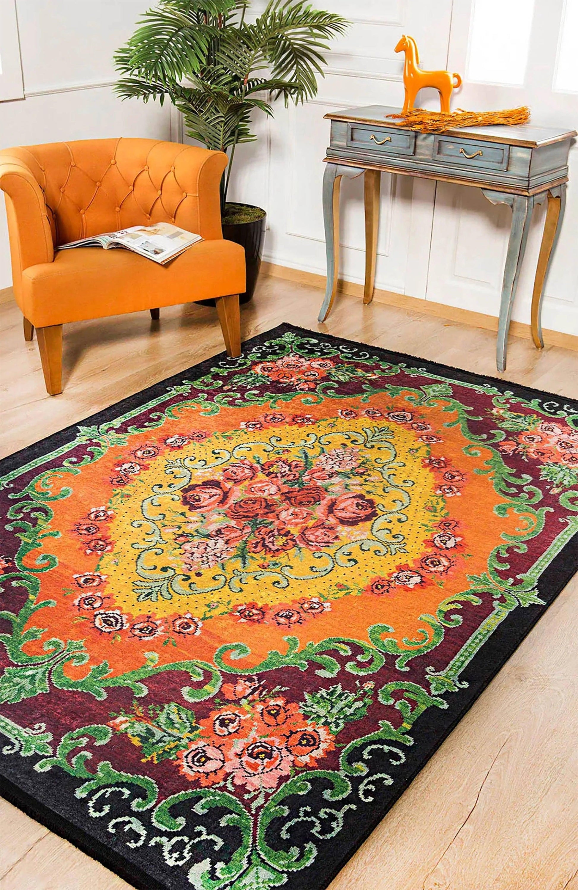 Sarı Turuncu Canlı Çiçekli Bohem Lüks Vintage Salon Halısı