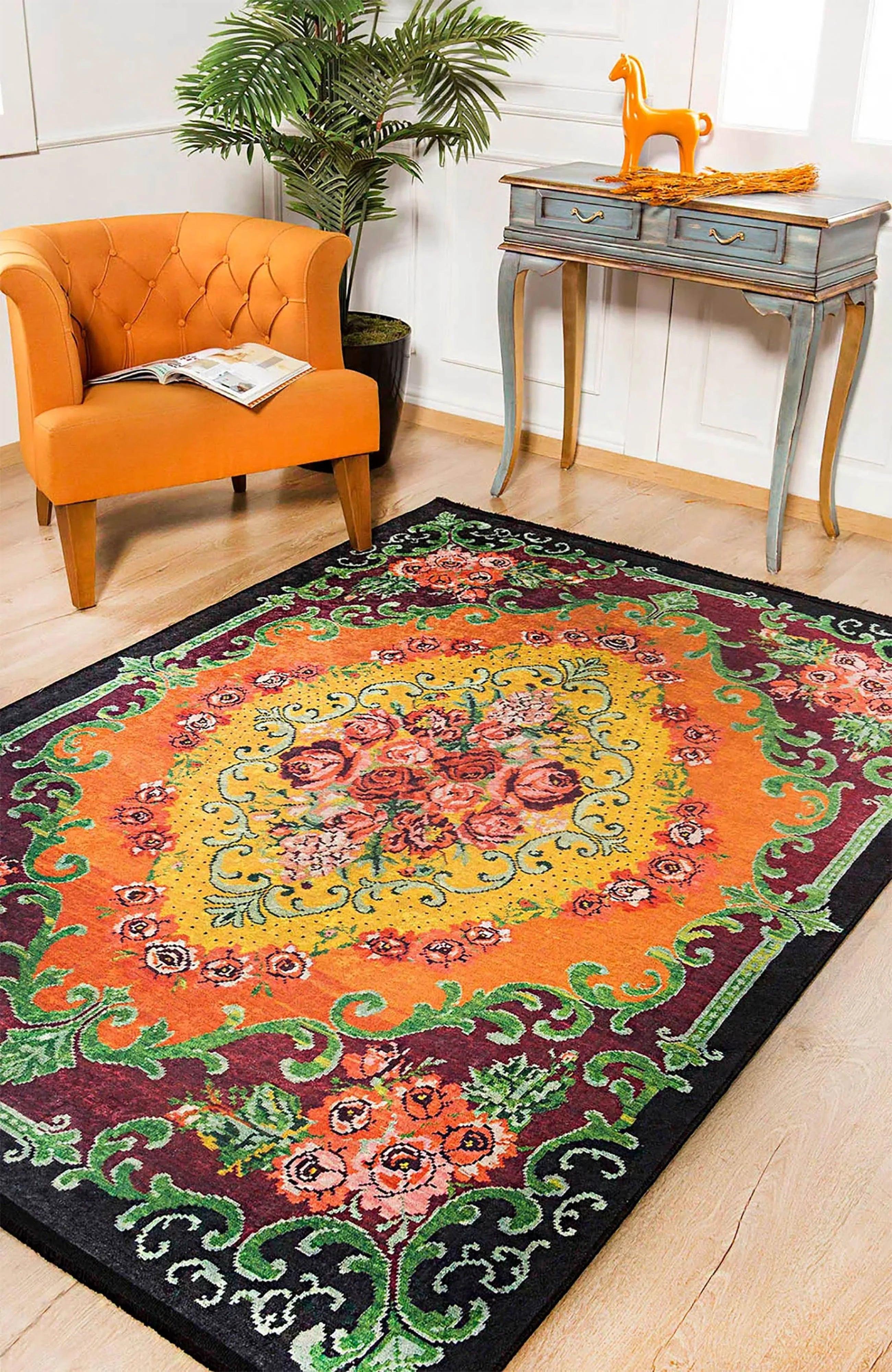 Sarı Turuncu Canlı Çiçekli Bohem Lüks Vintage Salon Halısı